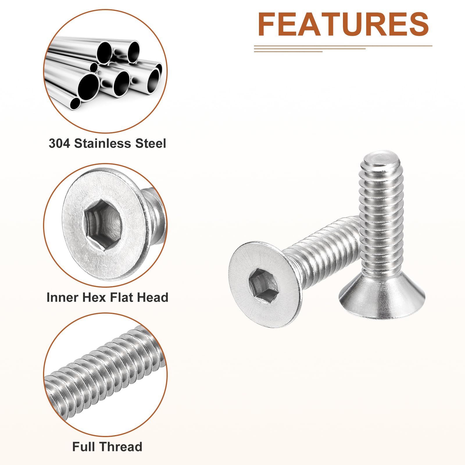 DTGN 1/4-20 x 7/8" Flat Head Socket Cap Screws, 30 Pack 304 Stainless Steel Hex Socket Flat Head Screws, Full Thread, Countersunk Bolts - Image 4