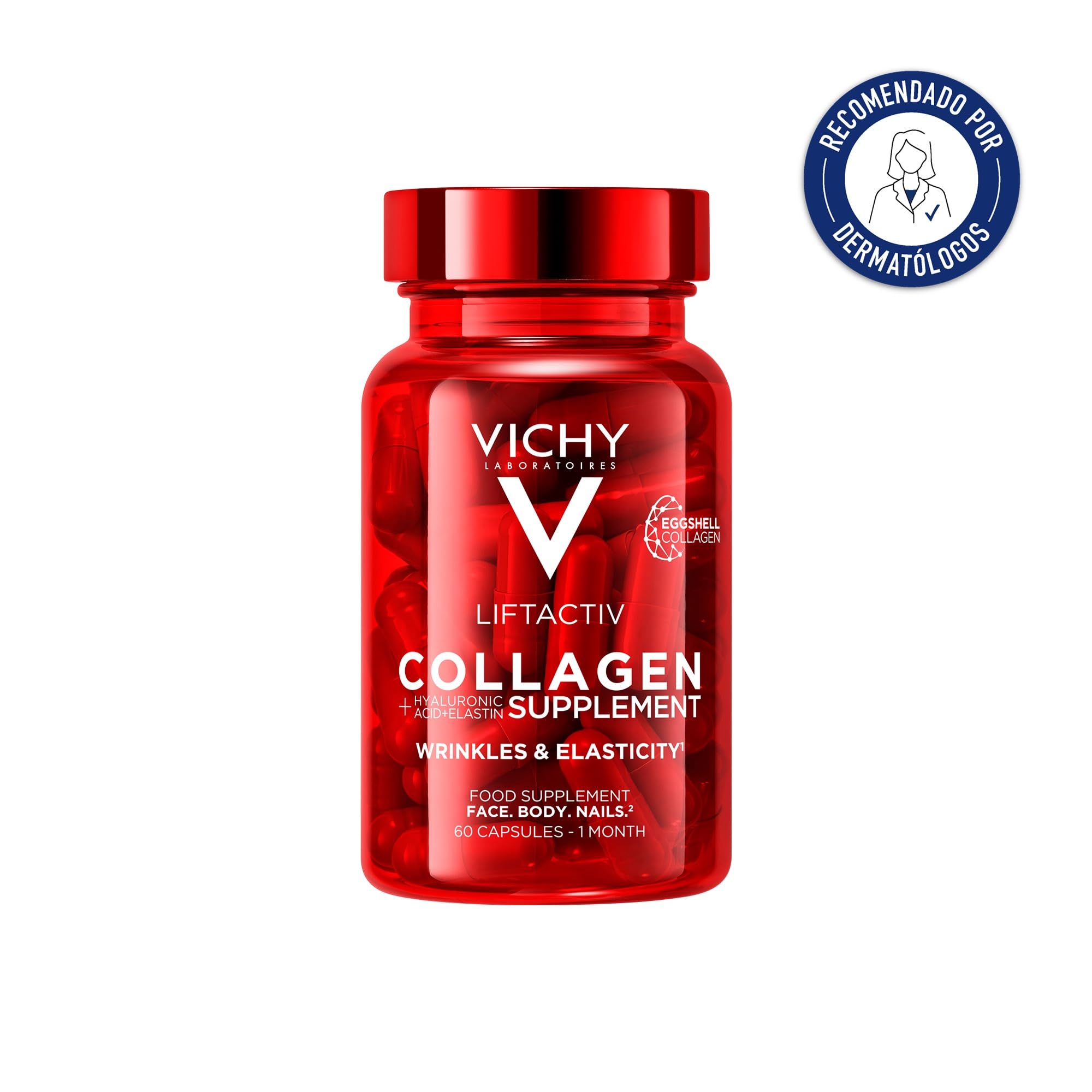 Vichy Liftactiv Suplemento de Colágeno para suavizar la apariencia de las arrugas, tonificar el cuerpo y reafirmar las uñas, para hombres y mujeres, 60 cápsulas.