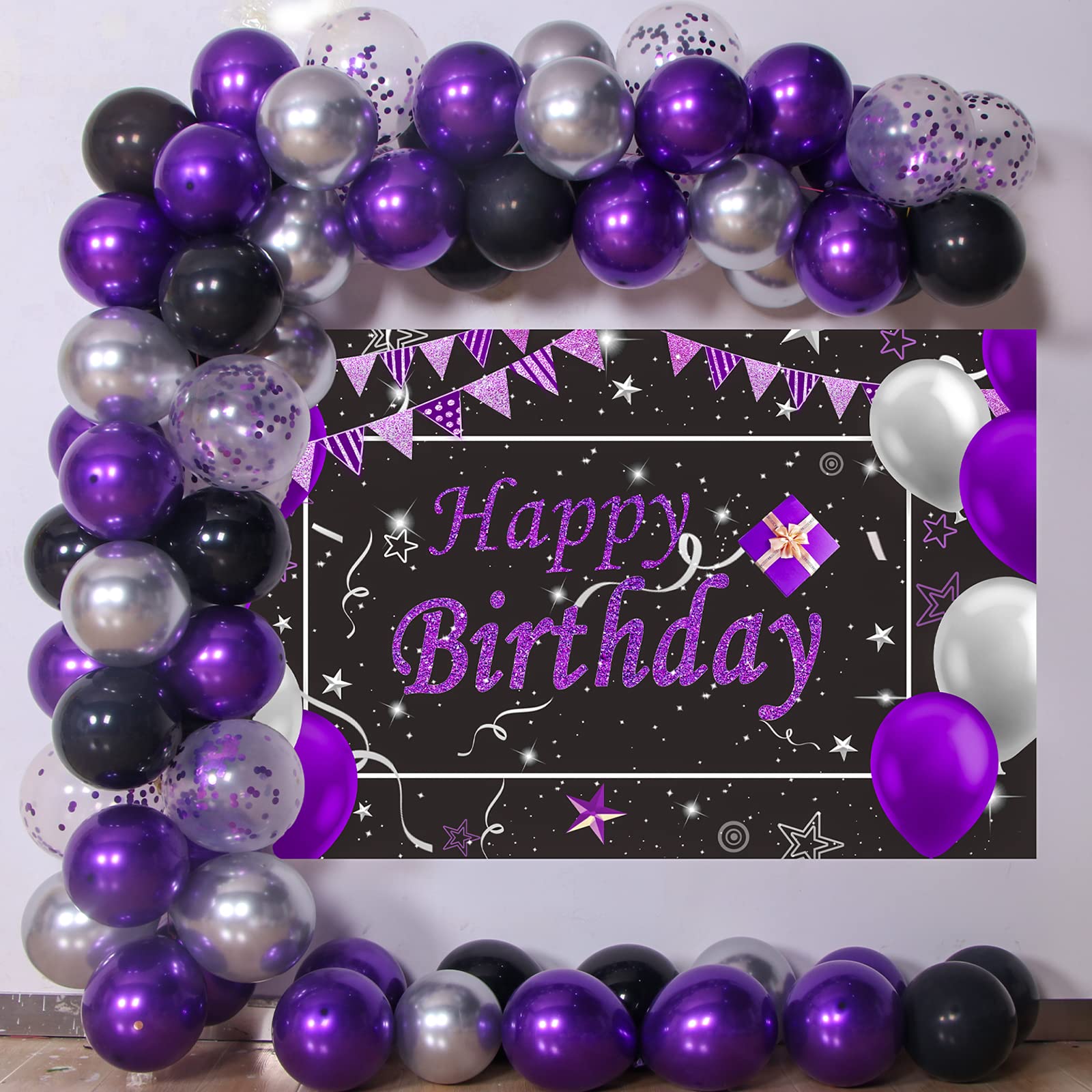 Buy Black Purple Birthday Decorations, Happy Birthday Backdrop for