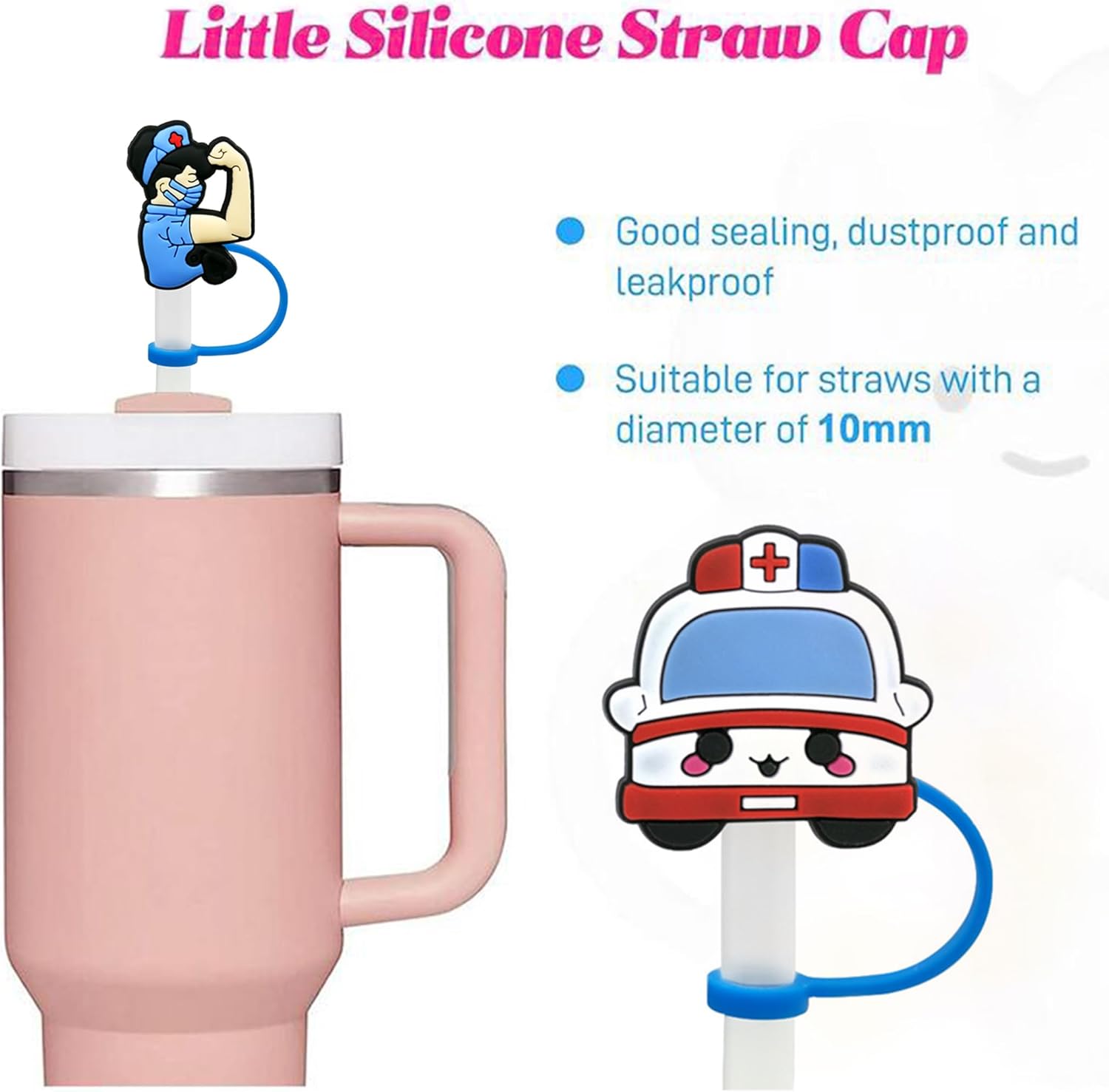 Nurse Straw Cover Cap for Stanley Cup,Straw Topper Compatible for 30 and 40 Oz Tumbler with Handle,10 mm 0.13 in. Reusable Straw Tip Lids - Image 4