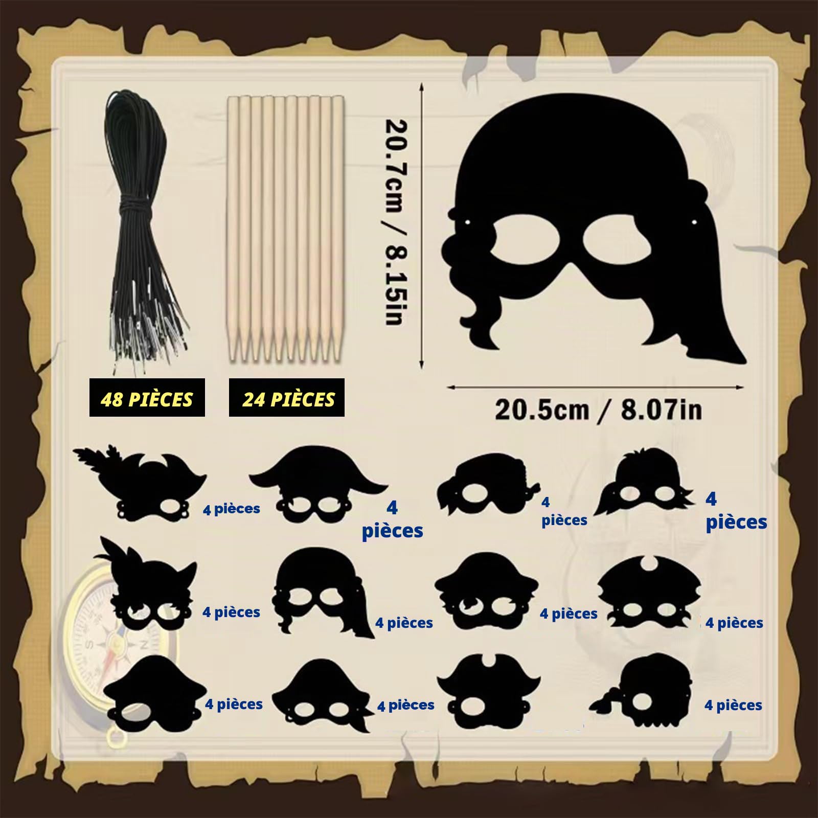 Lot de 48 masques de pirate arc-en-ciel à gratter pour anniversaire