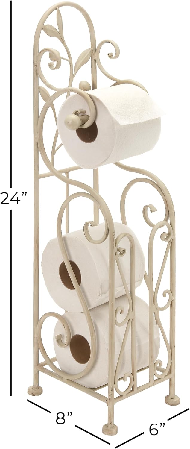 Deco 79 Metal Scroll Toilet Paper Holder with Space to Hold 3 Rolls, 8" x 6" x 24", Cream image 3