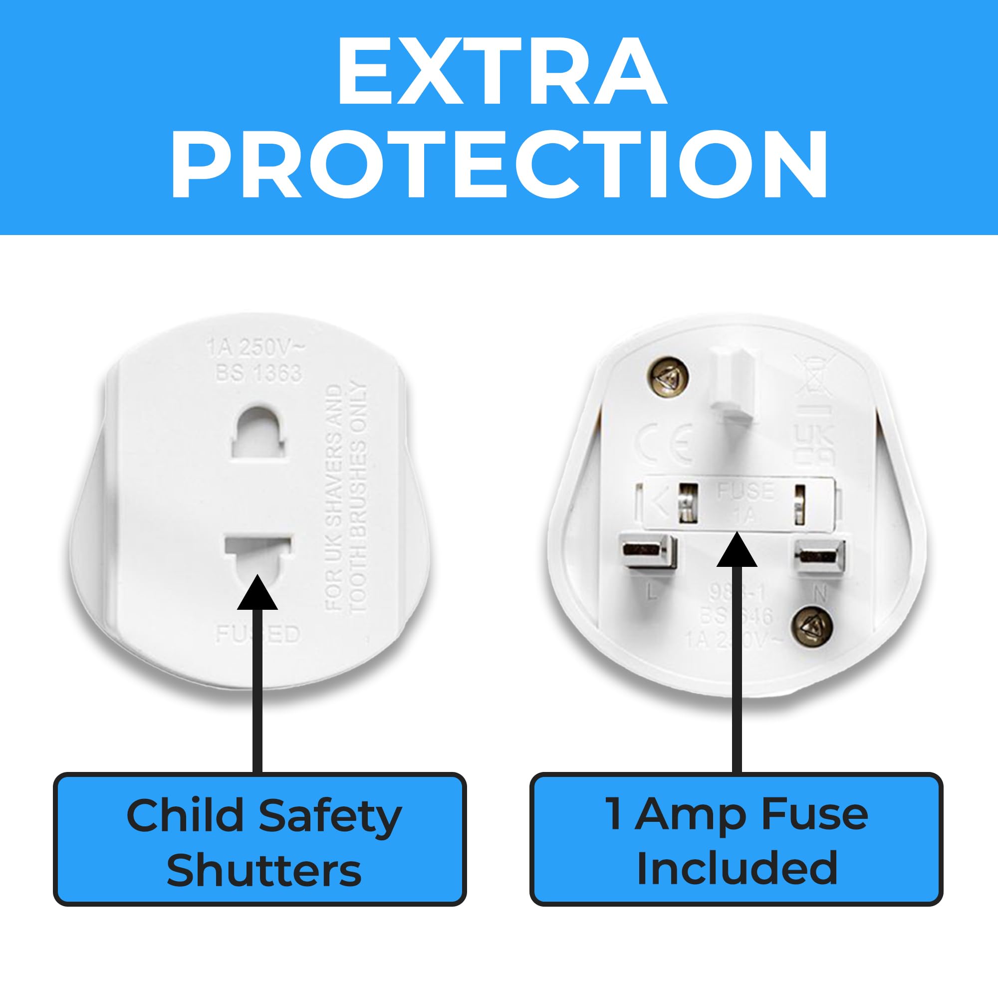 Double Dragon 2-Pack UK Electric Toothbrush & Shaver Plug Adapter | 2-Pin to 3-Pin Bathroom Converter | Supports UK EU Round & US Flat 2-Pin Plugs | 1A Fused | Compatible with Oral-B, Braun, Philips — view 5