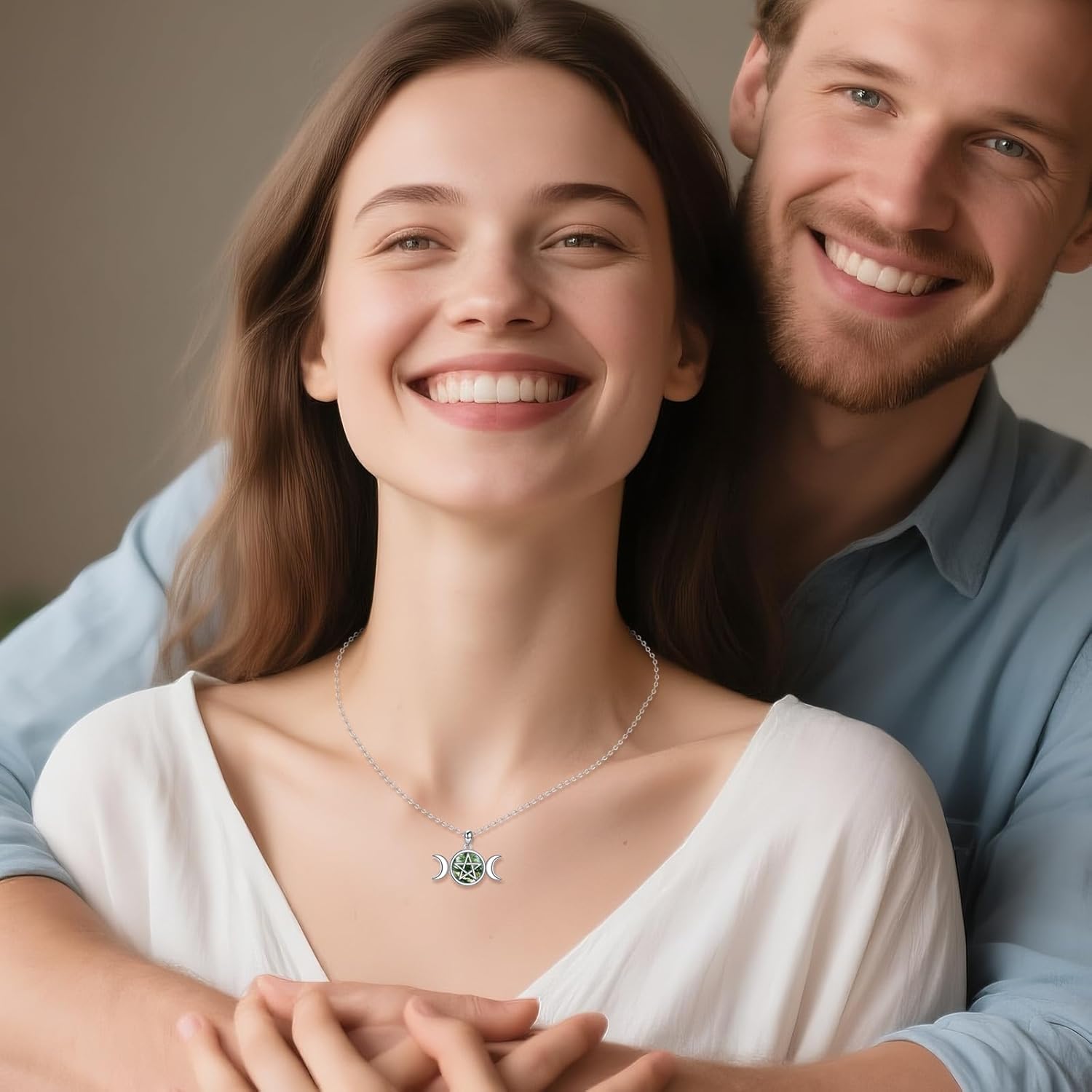 YAFEINI Triple Moon Necklace 925 Sterling Silver Moss Agate Pentacle Pendant Wiccan Pagan Moon Goddess Jewelry Gifts for Women Men - Image 3