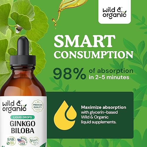 Miniatura 4 de Wild & Organic Gotas de extracto de ginkgo biloba, apoyo para el cerebro y la concentración, suplementos líquidos de ginkgo biloba, tintura de