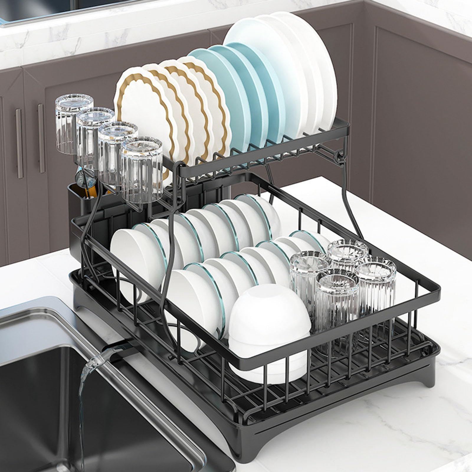 Escurridor de platos grande, juego de secado de platos de 2 niveles con escurridor, coladores de platos negros con cubiertos y portavasos, para una organización óptima en la encimera de la cocina