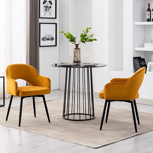 Miniatura 4 de HEAH-YO Juego de 2 sillas decorativas giratorias modernas, sillas de comedor de terciopelo con reposabrazos y patas de metal negro, sillas de
