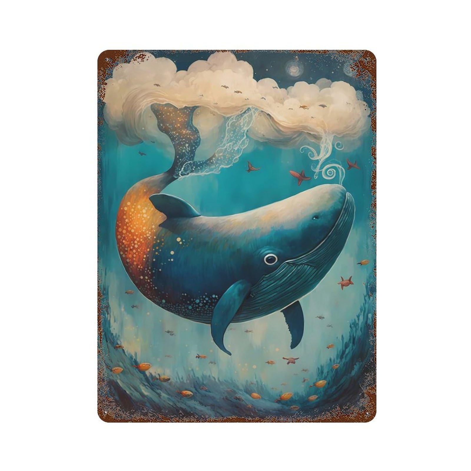 Rust Effect Whale Pretty Aged Metal Wall Plaque 15.7"x11.8", Rustic Home Decor for Bistro, Counter And Cafe Decor