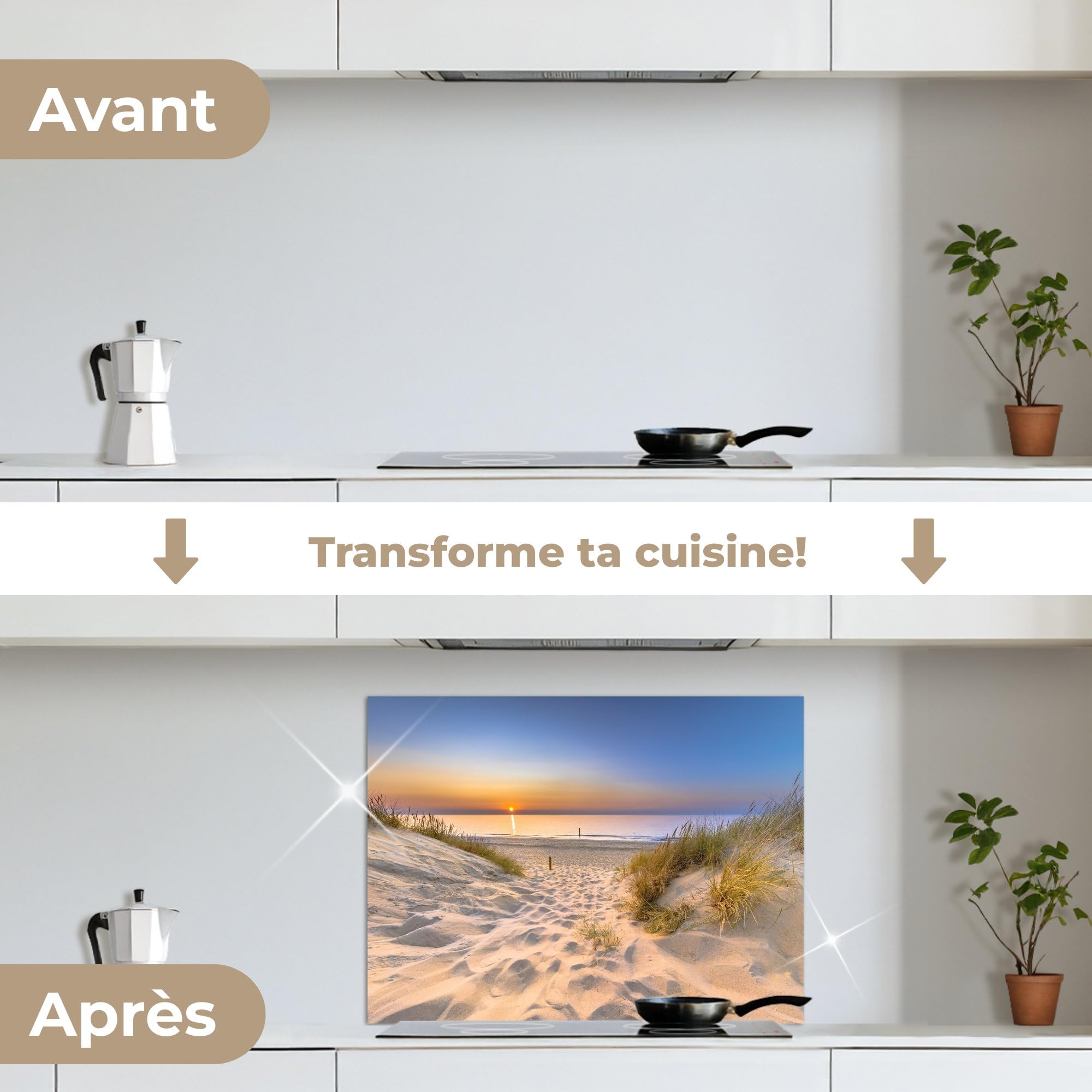 KitchenYeah© Credence Cuisine 50x70 cm Adhesif Protection Mur Plaque De Cuisson Plastique Rigide Revetement Murale À Coller Dune - Coucher soleil - Horizon - Plage - Herbe