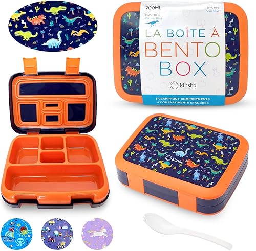 Miniatura 8 de kinsho Lonchera Bento para niños y niñas, con tapa segura, 5 secciones con tapa segura, apta para microondas, bandeja extraíble sin BPA, contenedor