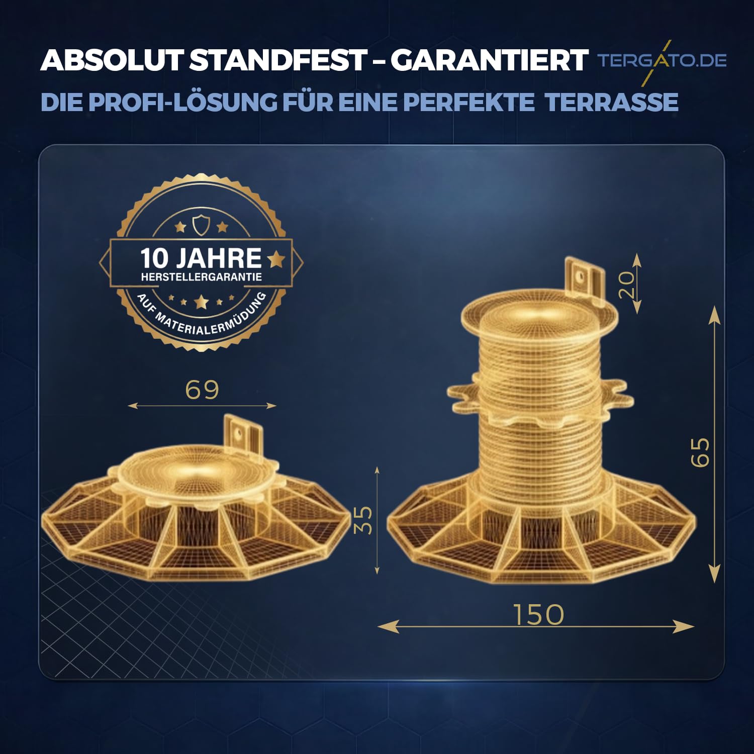 Cuscinetto regolabile in altezza 35-65 mm, set da 10 pezzi, con 10 viti in acciaio inox – Made in Germany – Cuscinetto da terrazza per WPC, legno e alluminio – Piedini regolabili