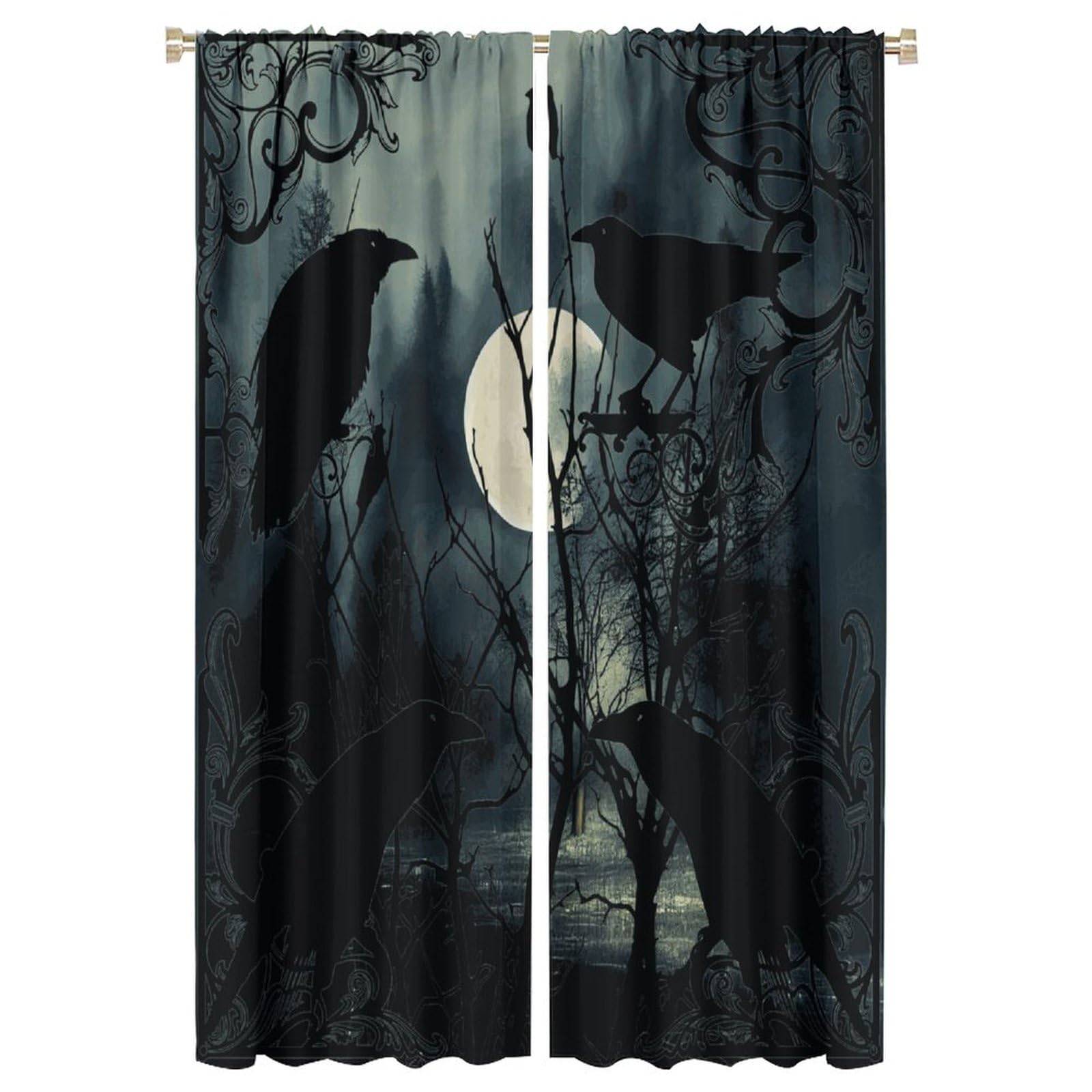 HZOHNAGO Gothic Curtains Rustic Misty Forest Crow Branch Moon Blackout Print Rod Pocket Window Drapes for Bedroom Living Room 52x84in