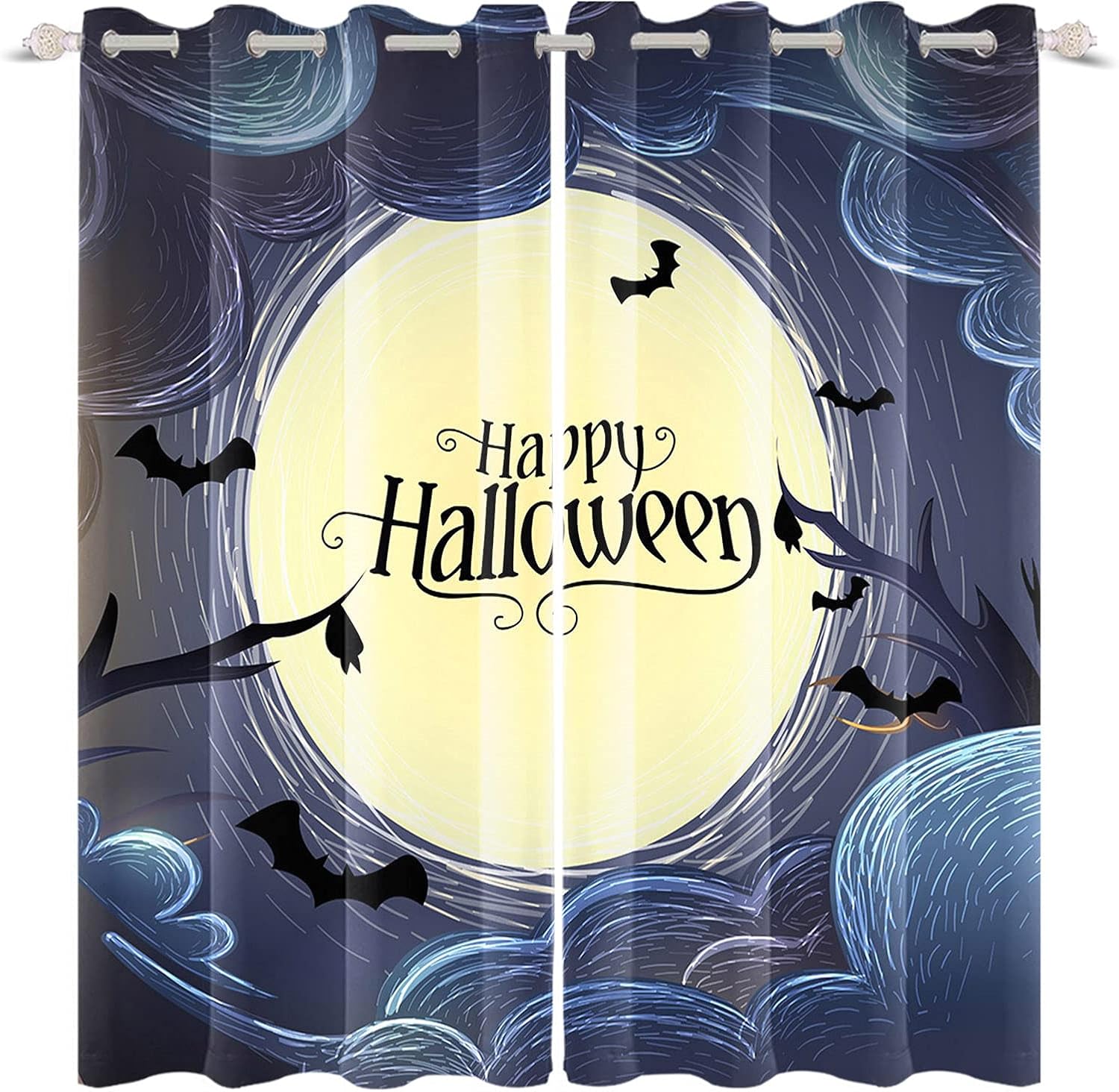 Yeele Happy Halloween Blackout Curtain Black Background Grey Spider Net Curtain for Kids Bedroom Thermal Insulation Living Room Curtains,26x63in(2panels)
