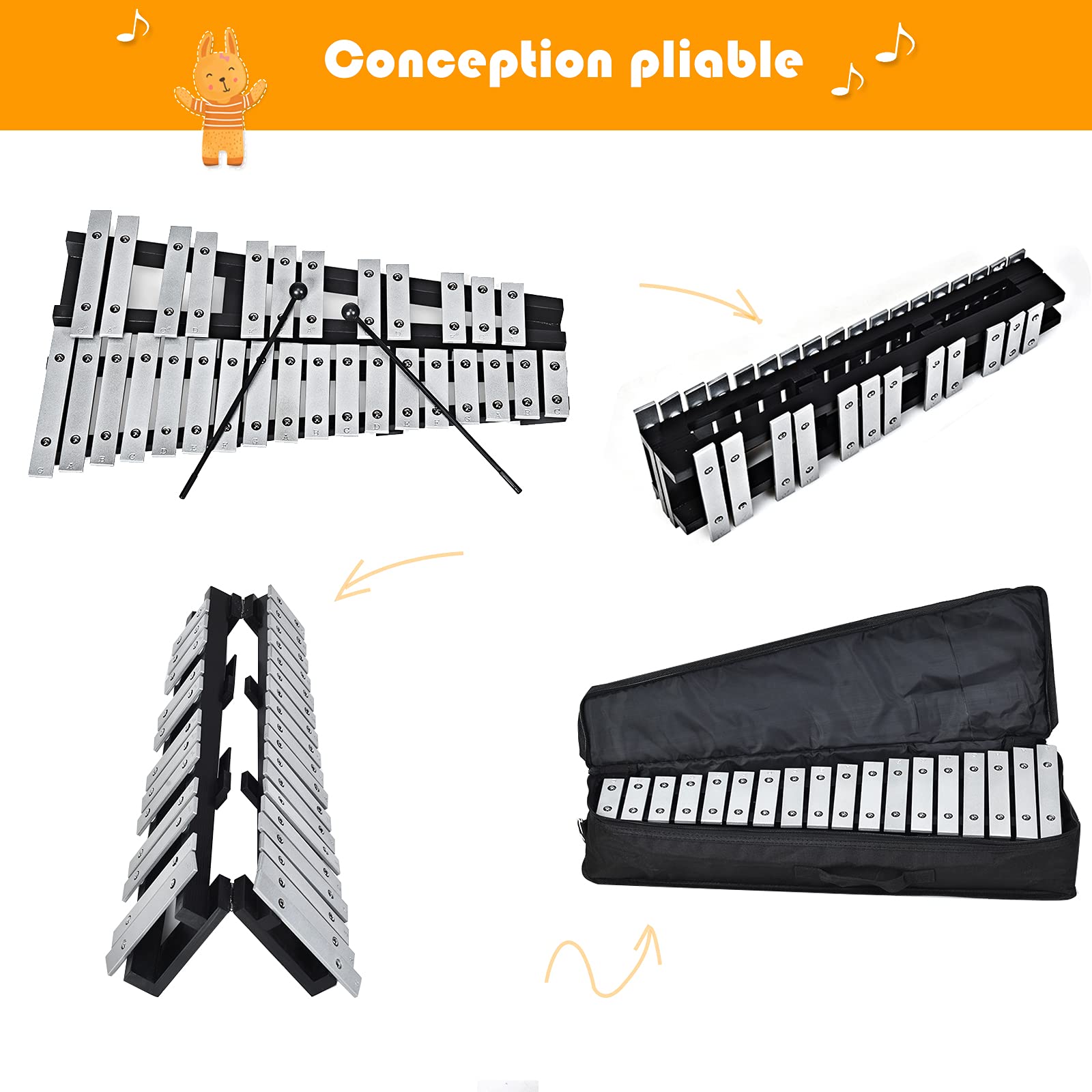 GOPLUS Glockenspiel de 30 Notes Pliable, Xylophone en Aluminium et Bois, Percussion Piano à 30 Tons, Instrument Musical Educatif et Professionnel pour Enfant, Portable avec Sac, Argenté