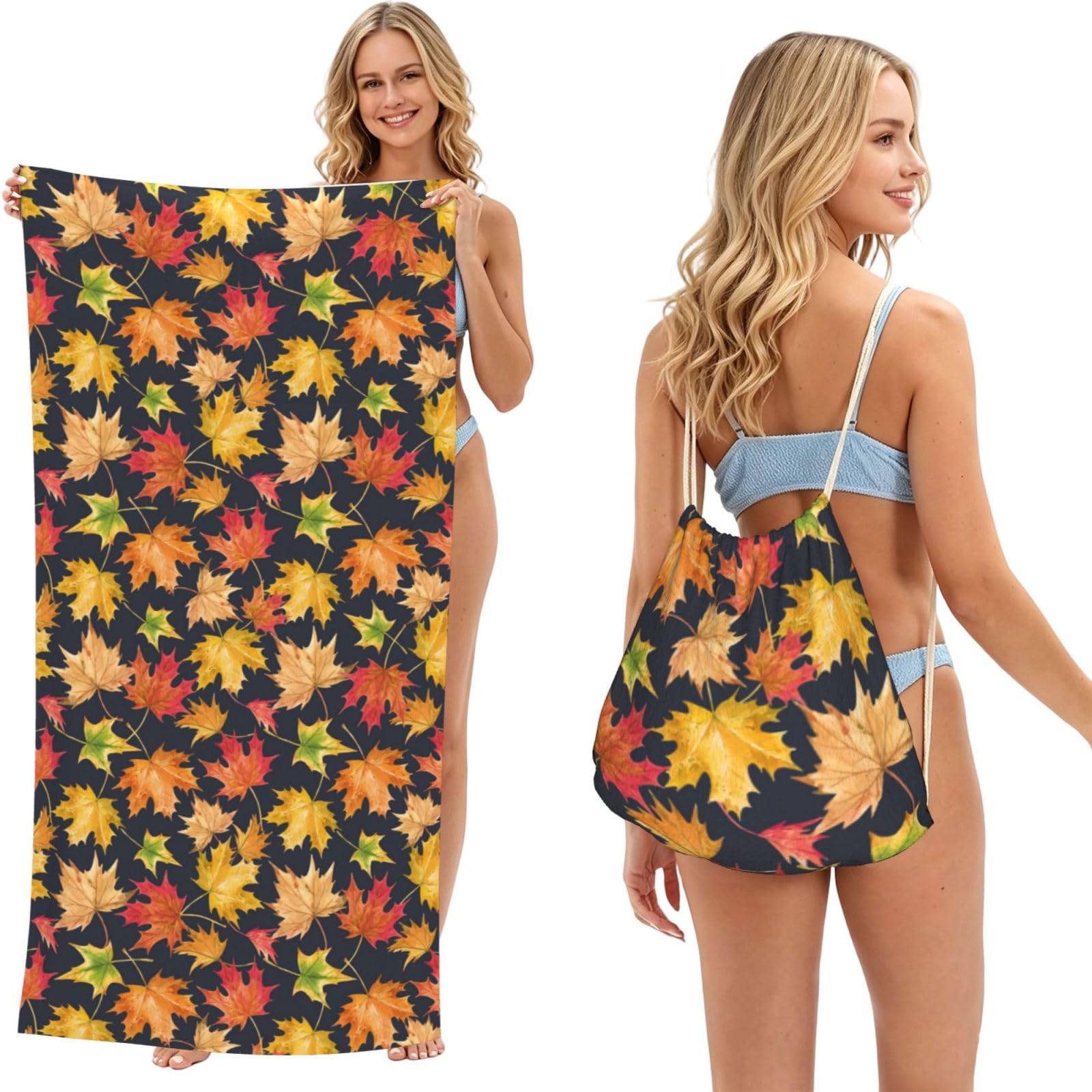 Poadnly As Picture Autumn Colorful Maple Leaves, 2 In 1 Packable Towel Bag, Beach Towels With Drawstring Backpack For Travel Holiday Camping