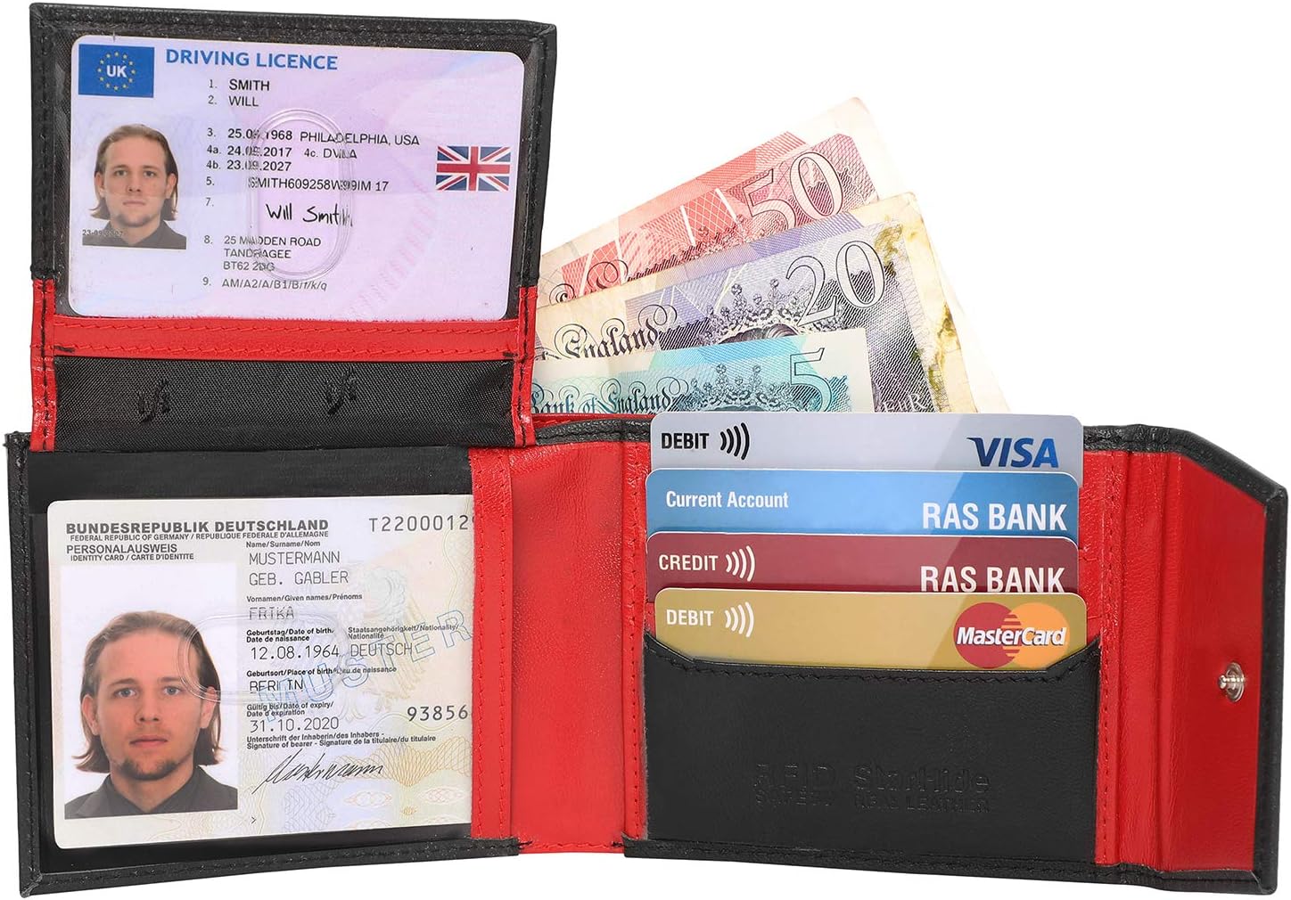STARHIDE Mens RFID Blocking Genuine Goat Leather Wallet 620 (Black Red)