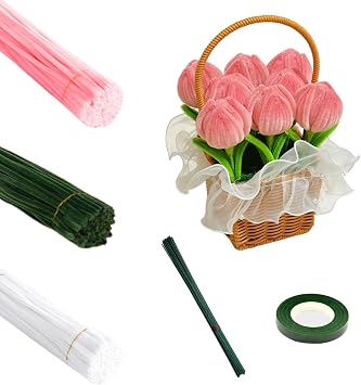 HXDISWSM 161 Pieces Craft Pipe Cleaners Flower Set, Flower Bouquet Handmade DIY Materials Complete Set for Children, encrypted Plush Green Woven Tulip Sunflower HairbandPink+White+Green