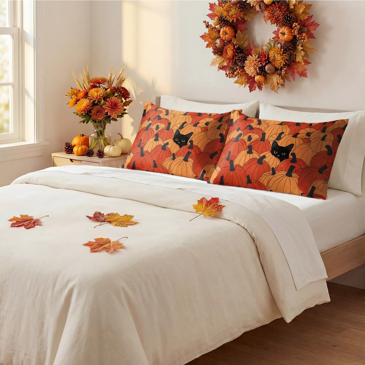 Horaldaily Fall Pumpkin Black Cat Standard Size Satin Pillowcases 2PCS