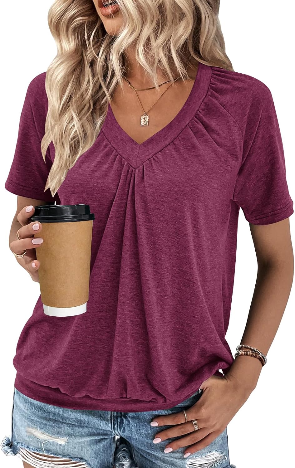 Summer Tops for Women 2025 Shorts Sleeve Womens Tops,V Neck Soft Casual Loose Fit Ruched Top T Shirts Tee Clothes - Image 5