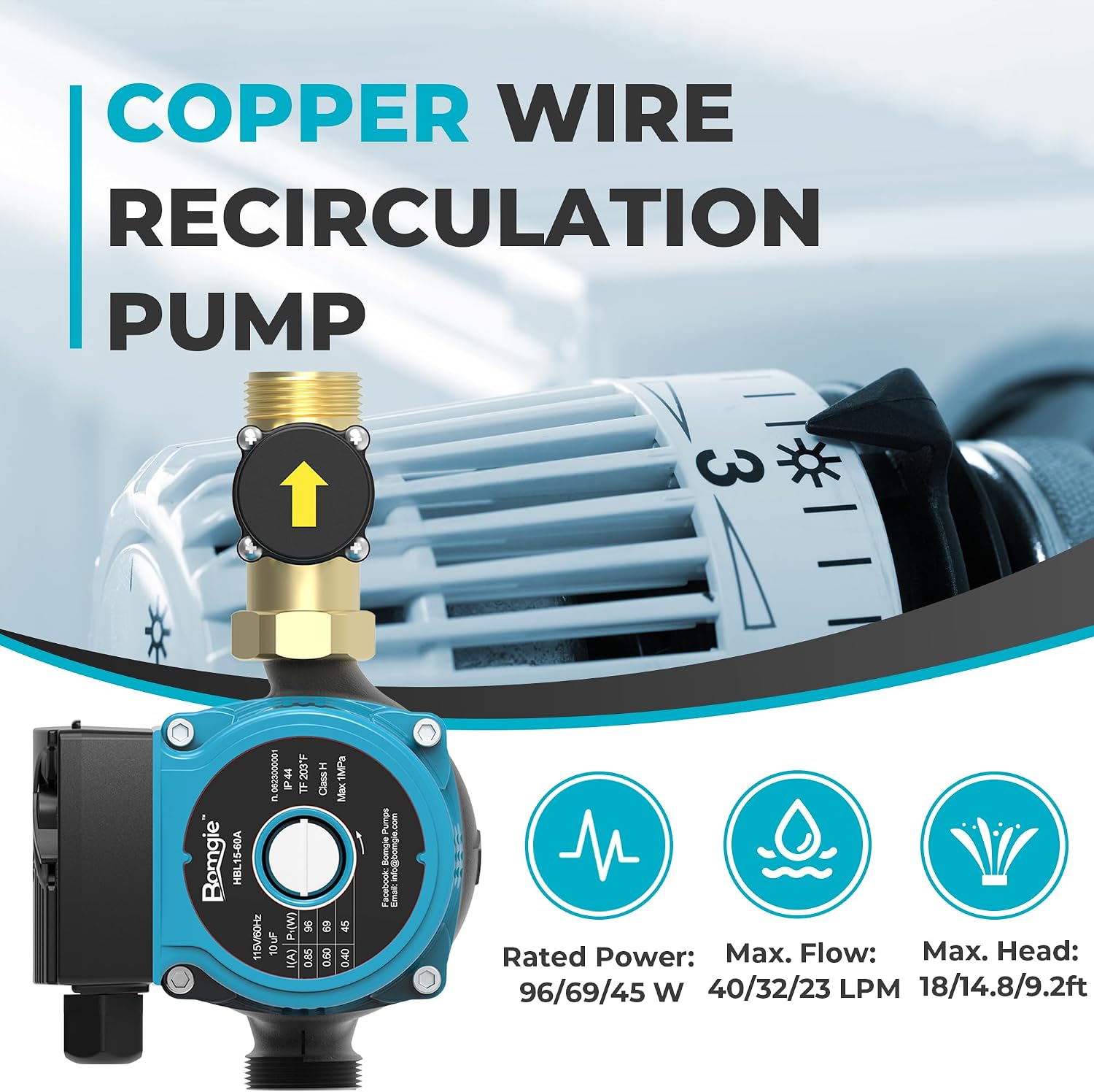 Hot Water Recirculating Pump 3-Speed 115V 96W，40LPM Cast Iron Circulation Pump Instant Water Heater w/Adapter，Automatic Male Thread Brass Water Flow Switch，Heated Flooring System (HBL15-60A)
