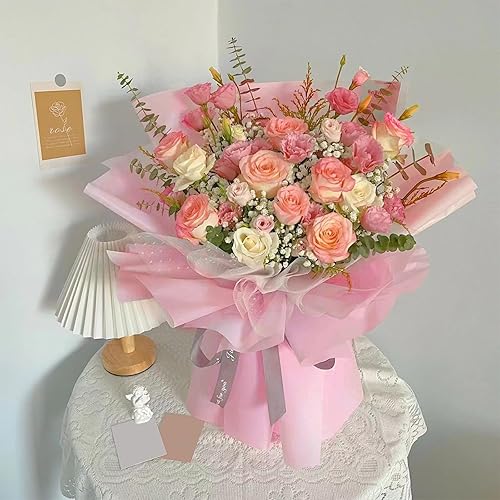 Miniatura 3 de Gloreyan 20 hojas de papel de regalo de flores con borde dorado, ramo de floristería rosa, ramo de flores frescas, envoltura impermeable, caja de