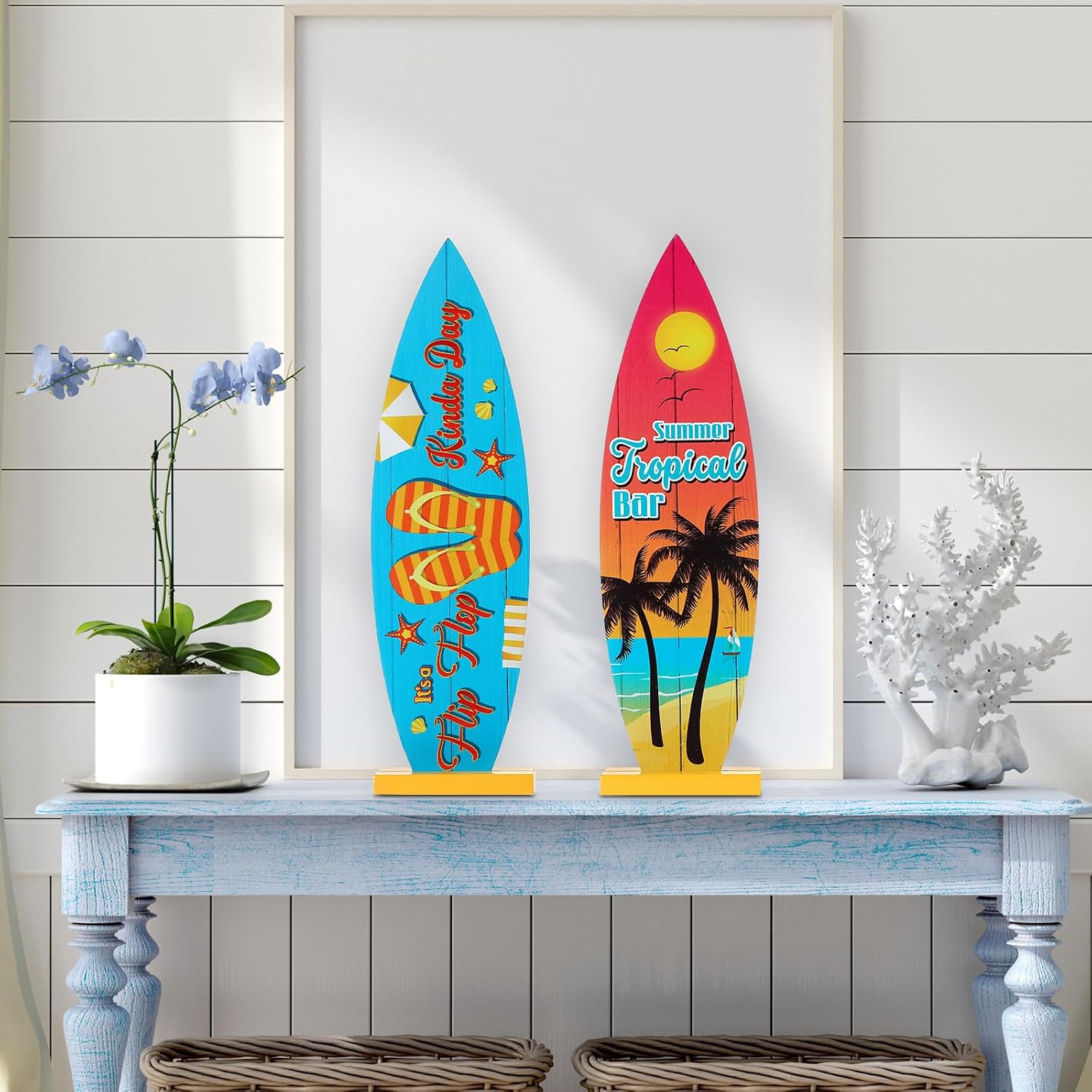 Blulu 8 Pcs Surfboard Table Decorations Beach Signs Welcome to Paradise Sign Tropical Bar Table Centerpieces Endless Summer Wood Sign Flip Flop Letters for Home Decor(12.6 x 3.66 Inch)