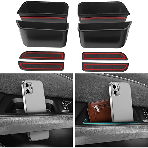 4PCS Door Side Storage Box for Ford Fusion 2013 2014 2015 2016 2017 2018 2019 2020 Front and Rear Accessories Phone Holder Door Grab Handle Pocket Storage Organizer ABS Plastic, Red Mat