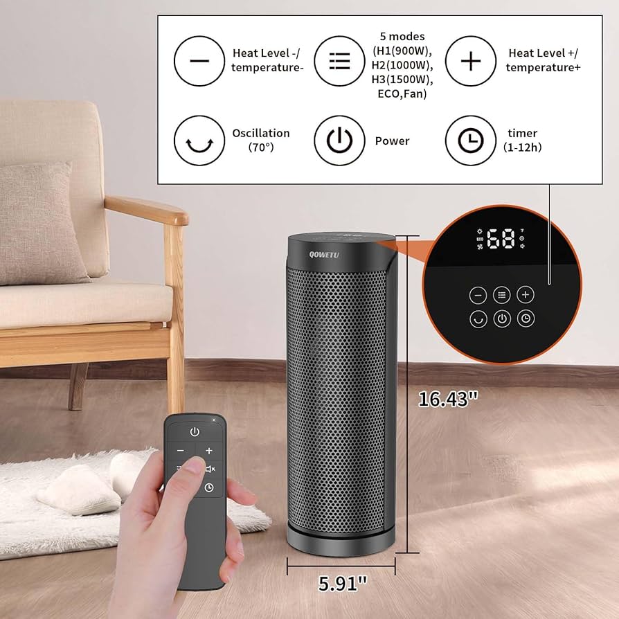 QOWETU Portable Space Heater With Remote – 1500W, 70° Oscillation, Quiet & Safe For Bedroom, Office