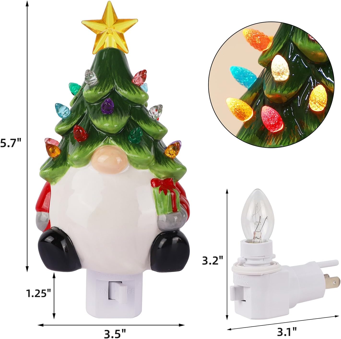 Hausse Christmas Gnome Night Light, Decorative Ceramic Santa Wear Xmas Tree Hat Nightlight for Kids, Multicolor Bulbs & 360 Degree Swivel Plug with On/Off Switch for Home Bathroom Bedroom Decor