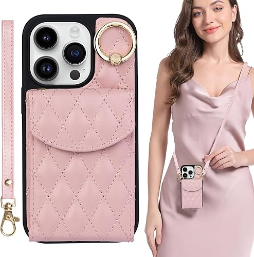 Keallce Funda para iPhone 15 Pro de 6.1 pulgadas, cartera cruzada con bloqueo RFID, 4 ranuras para tarjetas, soporte de anillo de 360, funda