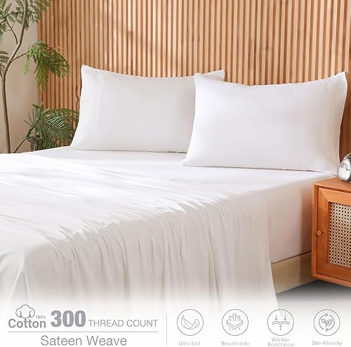 Miniatura 3 de JSD Juego de sábanas 100% algodón tamaño King, sábanas blancas de satén con 300 hilos de alto recuento de hilos, sábanas suaves y transpirables con