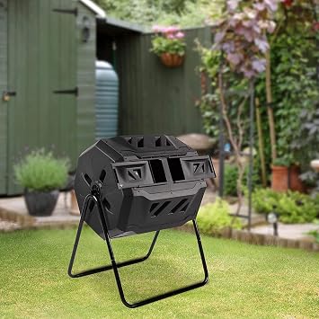 Garden Compost Bin Tumbler, 2 Chamber Dual Rotation, 360  Rotation, Black Outdoor Compost Bin with 42 Gallon Capacity