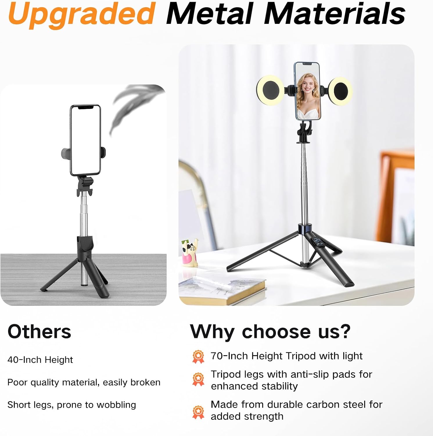 70” Phone Tripod & Selfie Stick with Light, Metal Tripod Holder with Wireless Remote,Portable Travel Selfie Stick Tripod for iPhone/Android and Gopro
