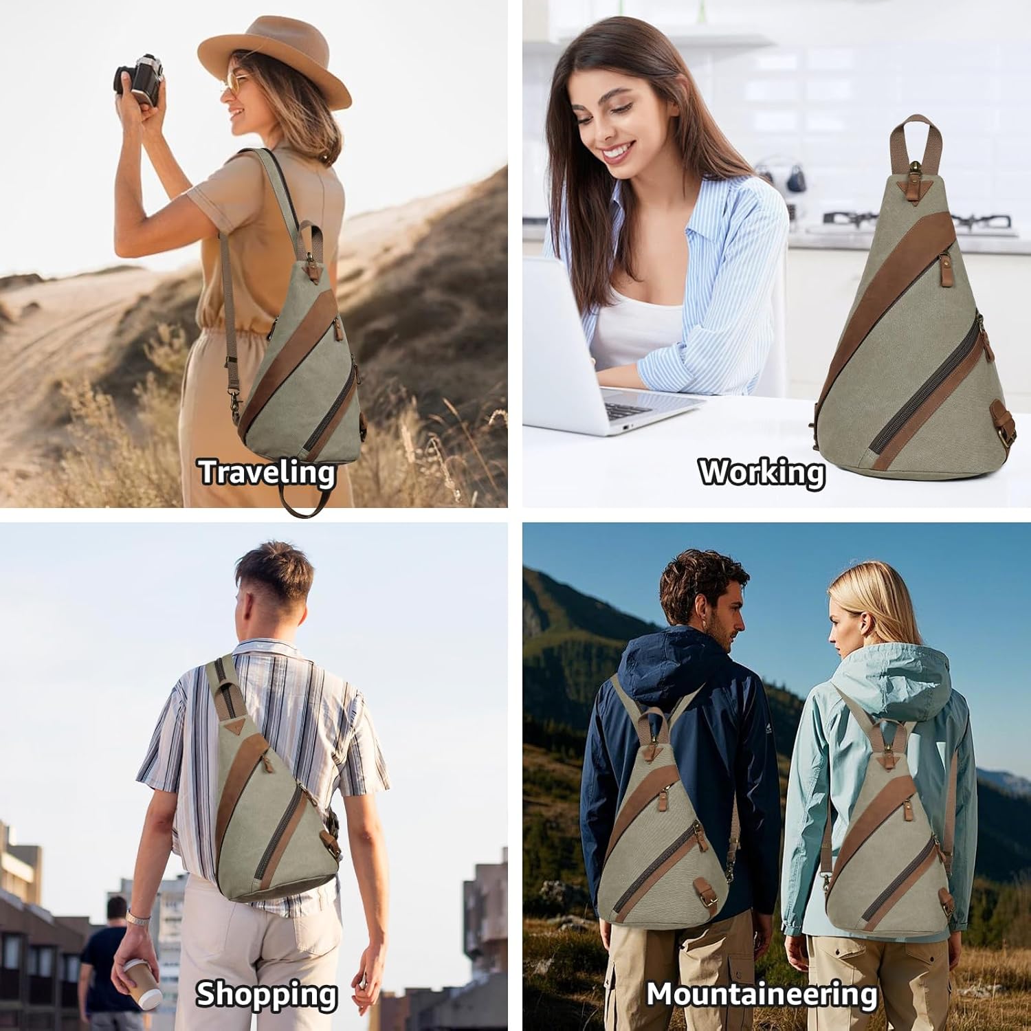 KL928 Canvas Sling Bag for Men Women, Genuine Leather Design Shoulder Crossbody Bags Backpacks Travel Daypack (Olive Green)
