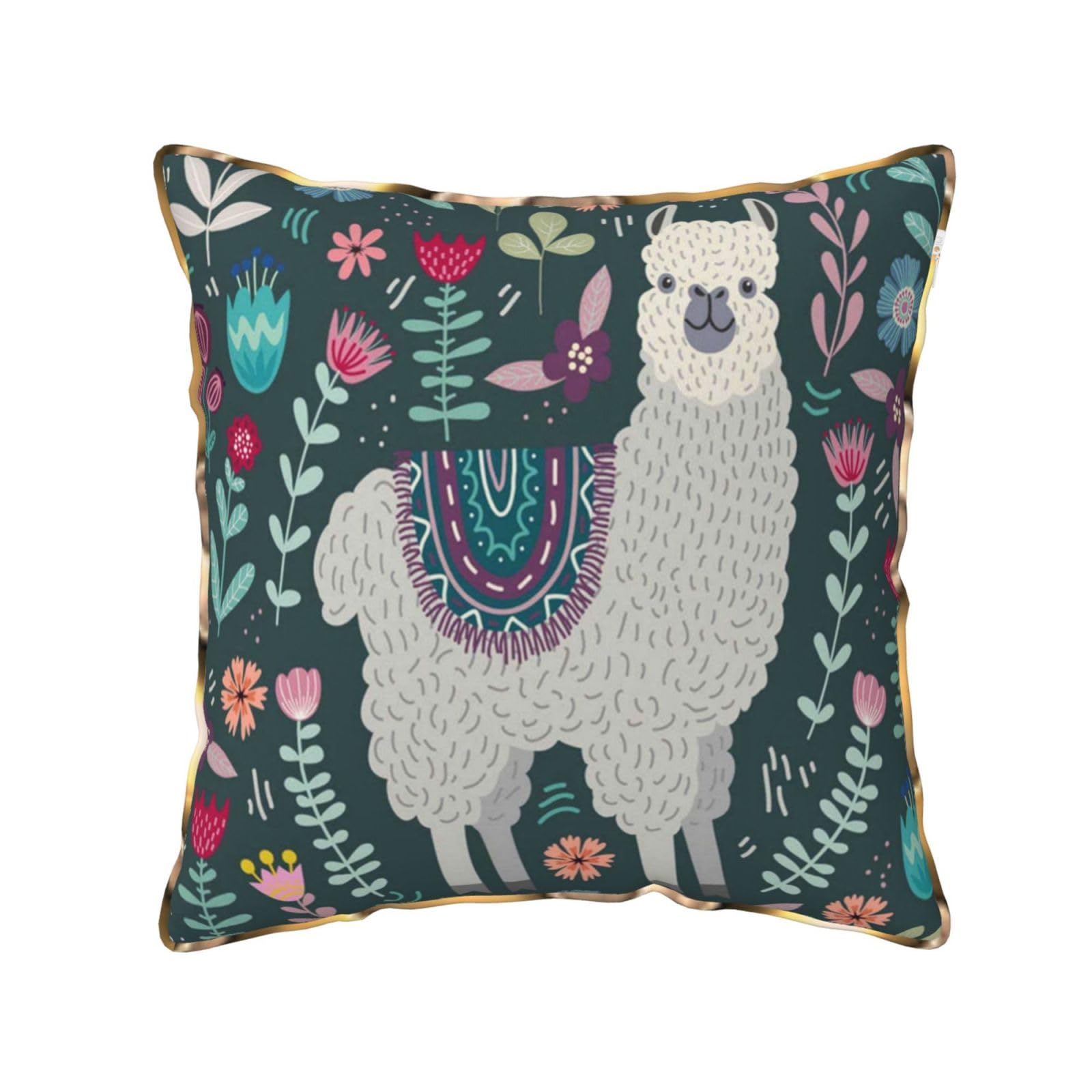 AUBKFELD Cute Llama Floral Printed Velvet Cushion Cover 40x40 CM with Gold Edging Strip, Square Pillowcase Soft Throw Pillow Covers Case Decorative for Living Room Sofa Couch Bed Bench