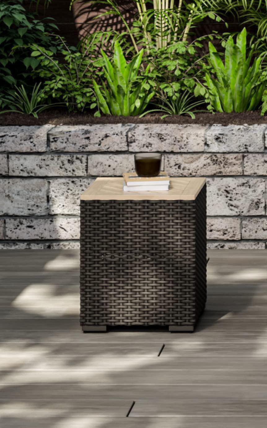 Homestyles Boca Raton Outdoor Side Acacia Wood Top, Weatherproof Woven Wicker Rattan End Table, 1 Seat, Grey