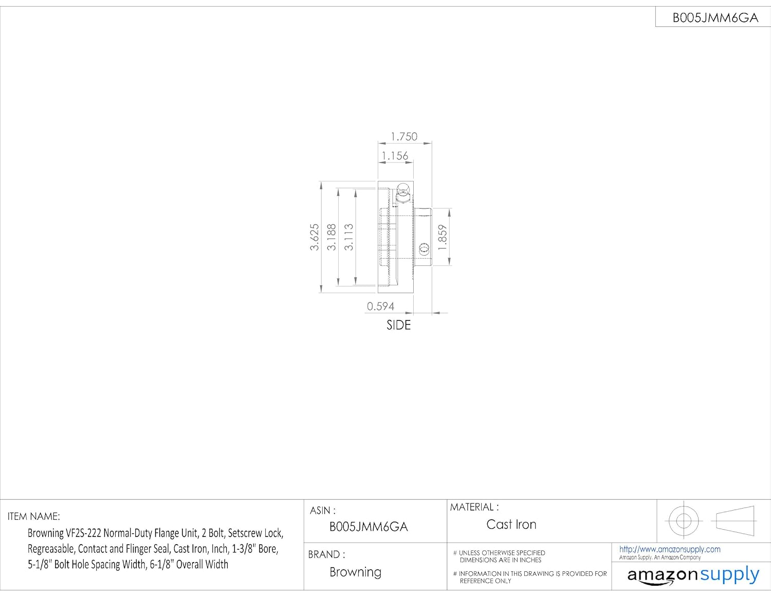 Browning VF2S-222 Normal-Duty Flange Unit, 2 Bolt, Setscrew Lock, Regreasable, Contact and Flinger Seal, Cast Iron, Inch, 1-3/8" Bore, 5-1/8" Bolt Hole Spacing Width, 6-1/8" Overall Width