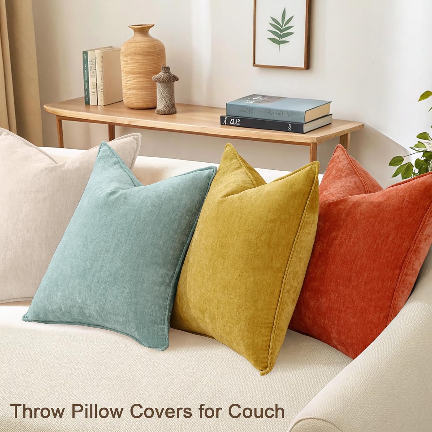 decorUhome Spring Set of 4 Couch Throw Pillow Covers 18x18, Decorative Soft Neutral Chenille Pillow Covers with Elegant Design for Living Room Bed Sofa (Aqua/Rust)