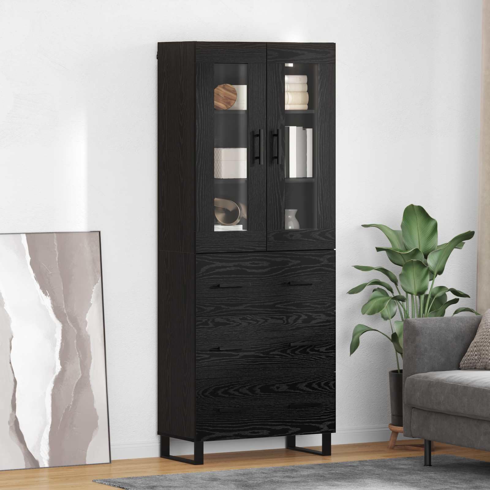 Aparador para comedor moderno de roble negro y cristal con cajones