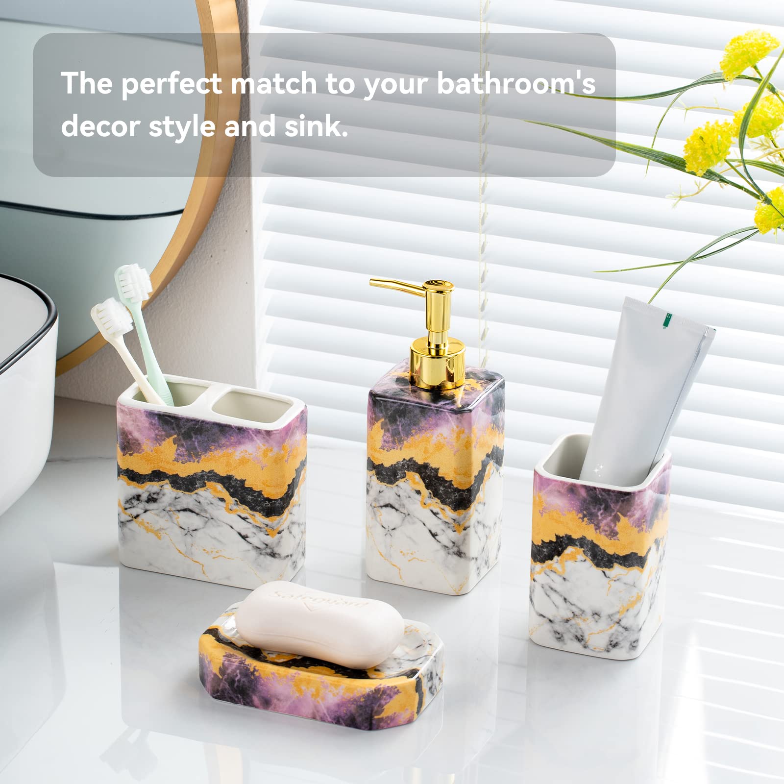 Juego de accesorios de baño de 4 piezas – El juego de accesorios de baño morado incluye dispensador de loción, vaso soporte para cepillo de dientes y jabonera, acabado brillante (mármol, morado)