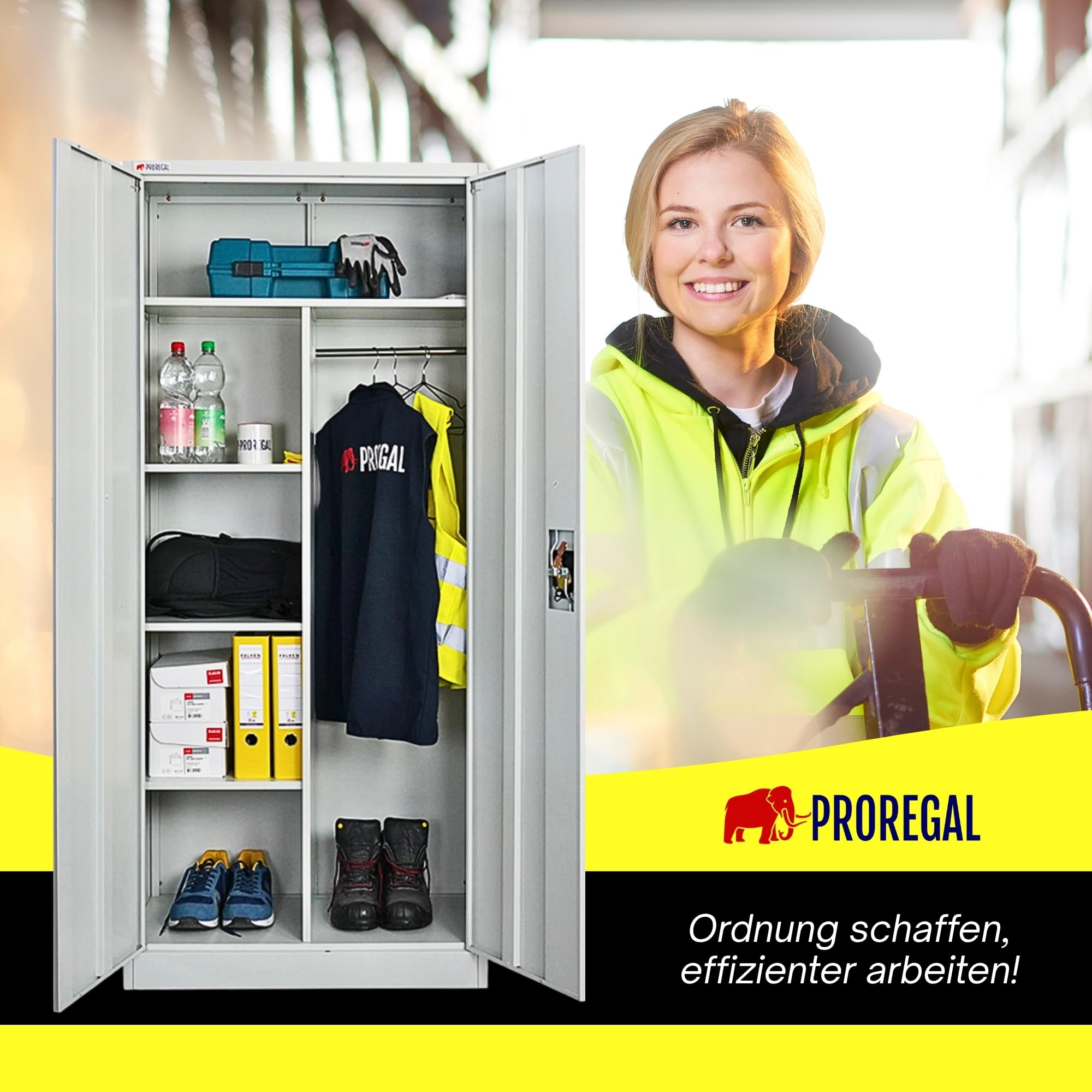PROREGAL Flügeltürenschrank Elephant Metall Spind Schrank abschließbar 2 Türen 180x80x40cm Stahl 6 Fächern & Kleiderstange Stahlschrank Pulverbeschichtung Lichtgrau Garderobenschrank Aktenschrank