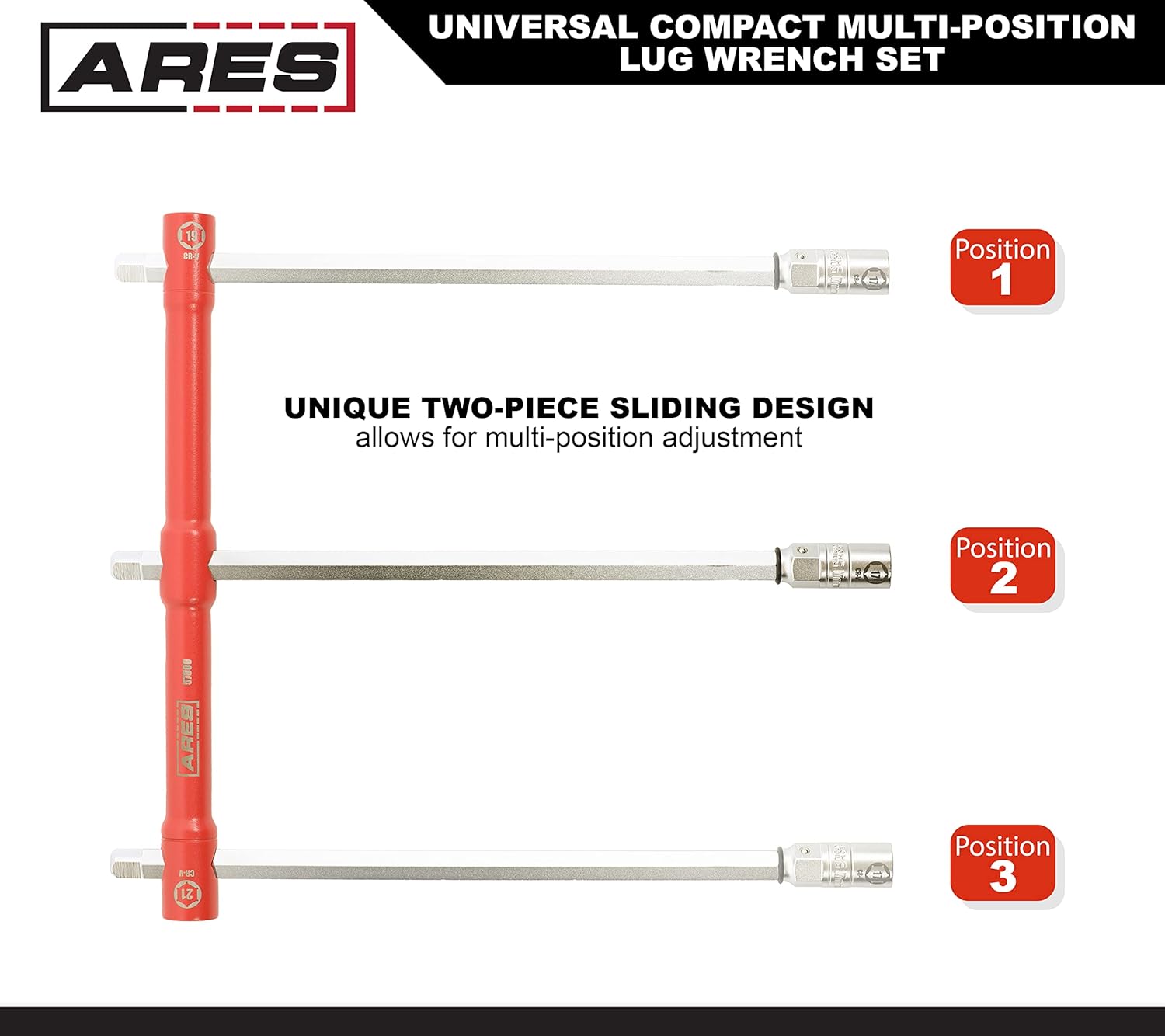 ARES 57000 – 26-Inch Universal Multi-Position Lug Wrench Set - 17mm, 19mm, and 21mm Socket Ends – Unique ½-Inch Drive Socket Adapter End – Compact Design with Storage Pouch