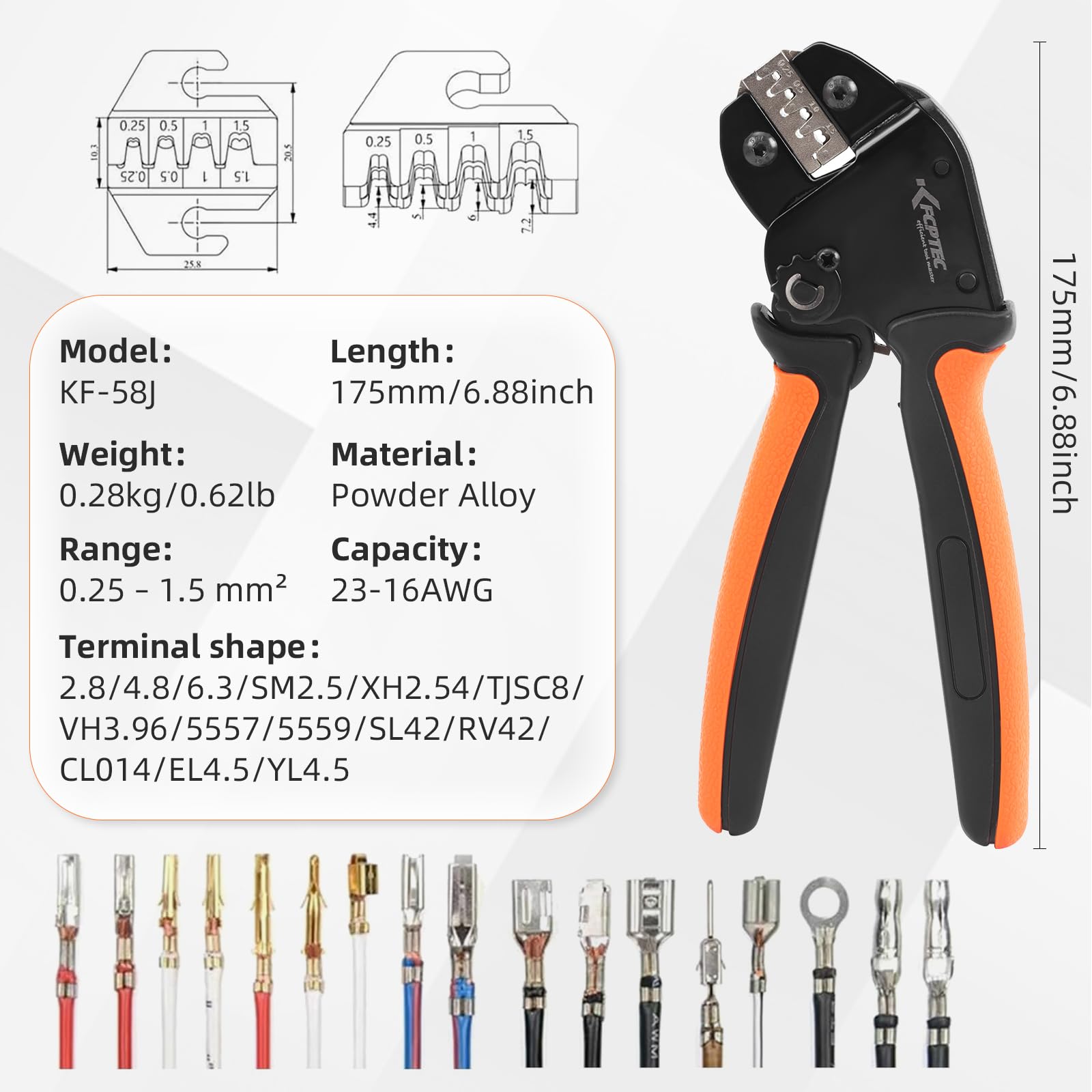 KF CPTEC Szczypce zaciskowe do nieizolowanych wtyczek płaskich, nieizolowane końcówki kablowe Open Barrel, 0,25-1,5 mm², kompatybilne złącza Dupont, Molex, JST, TE, EPPC, PCIE, SATA