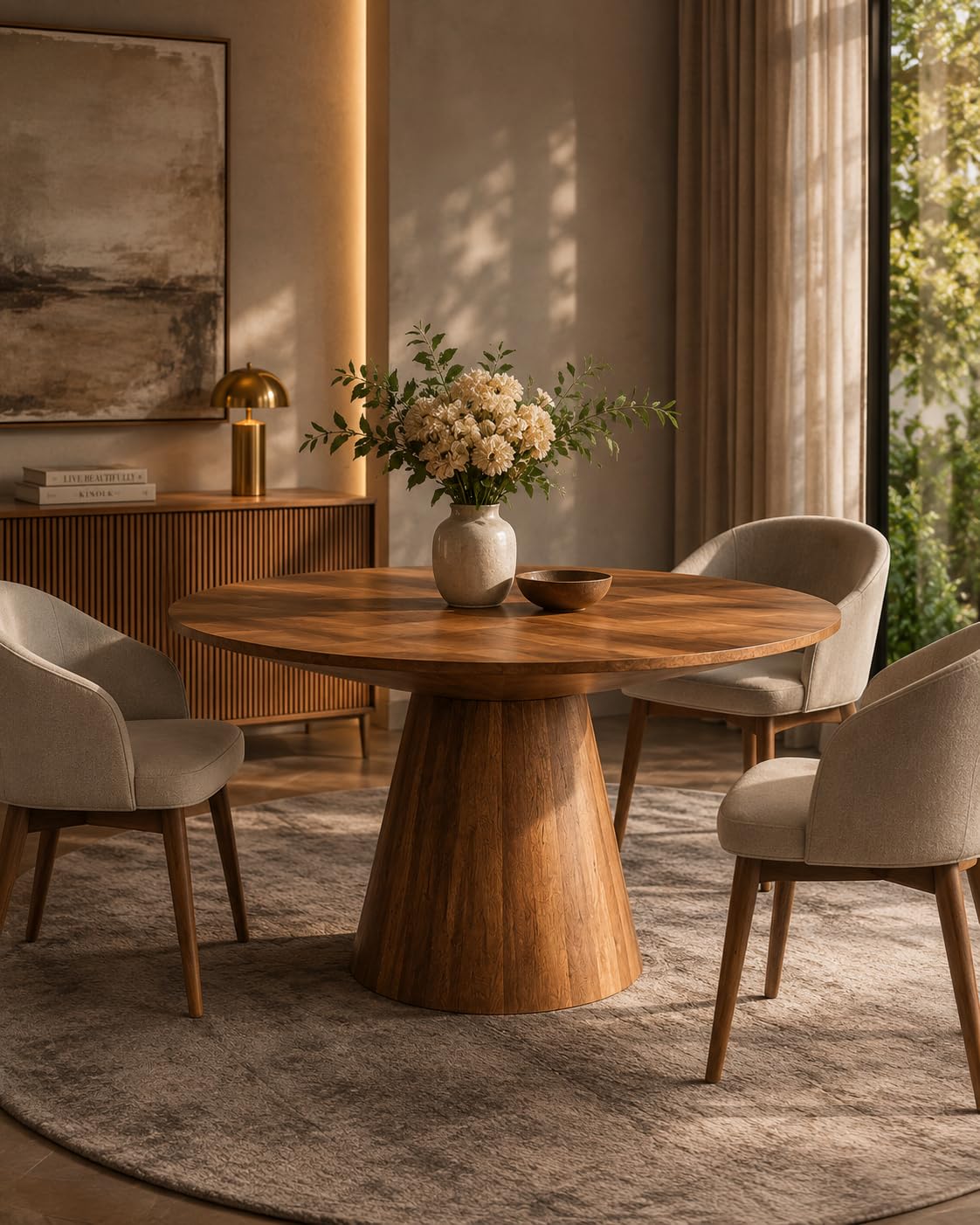 round wooden dining table | solid mango wood dining table for home (natural brown)