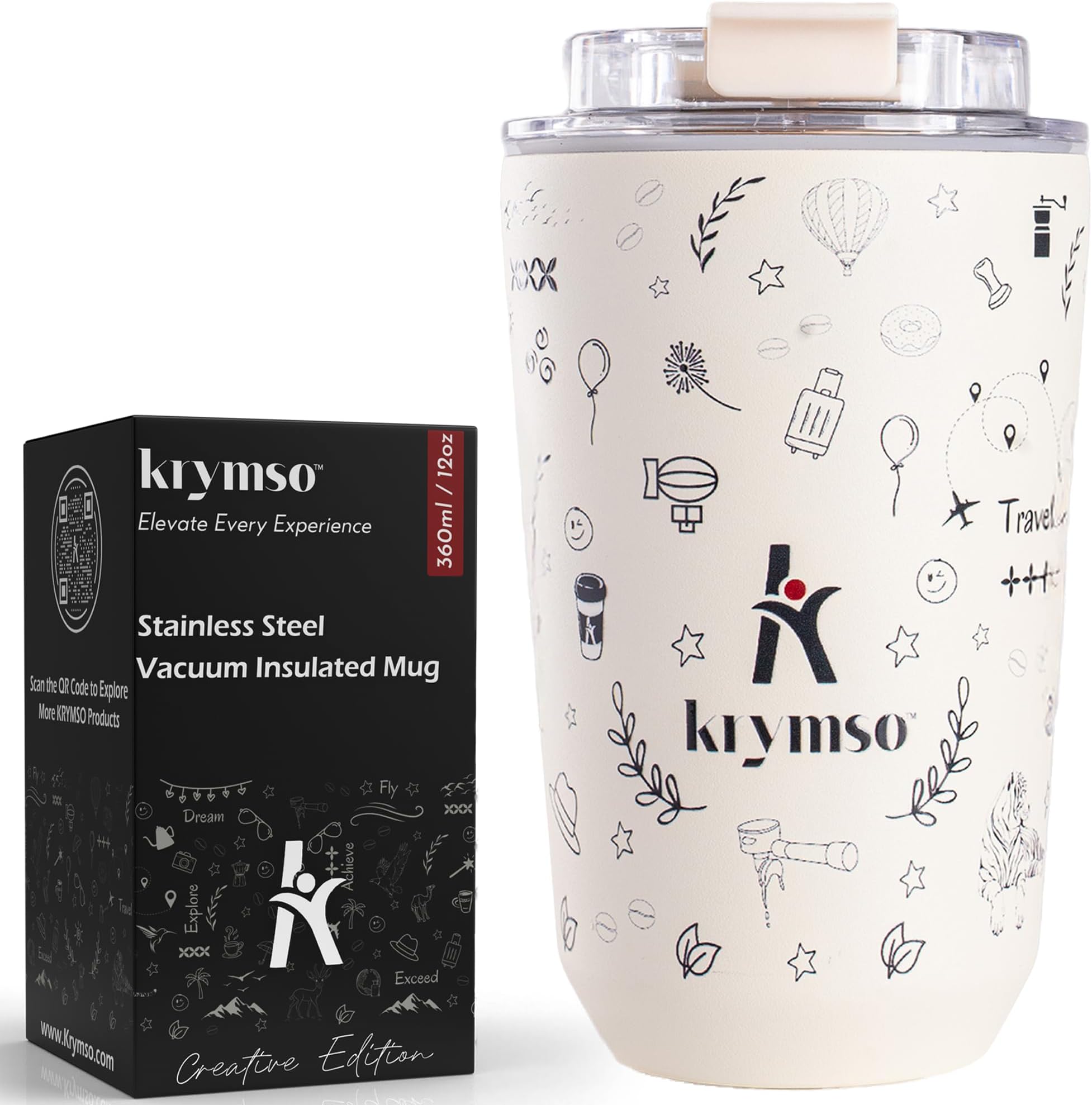 360ml Travel Coffee Mug, Stainless Steel Coffee Mug Insulated Tumbler, Thermos Flask, Double Wall Thermal Coffee Cup, Travel Mug with Leakproof Lid (Ivory Trek, 360 ml)