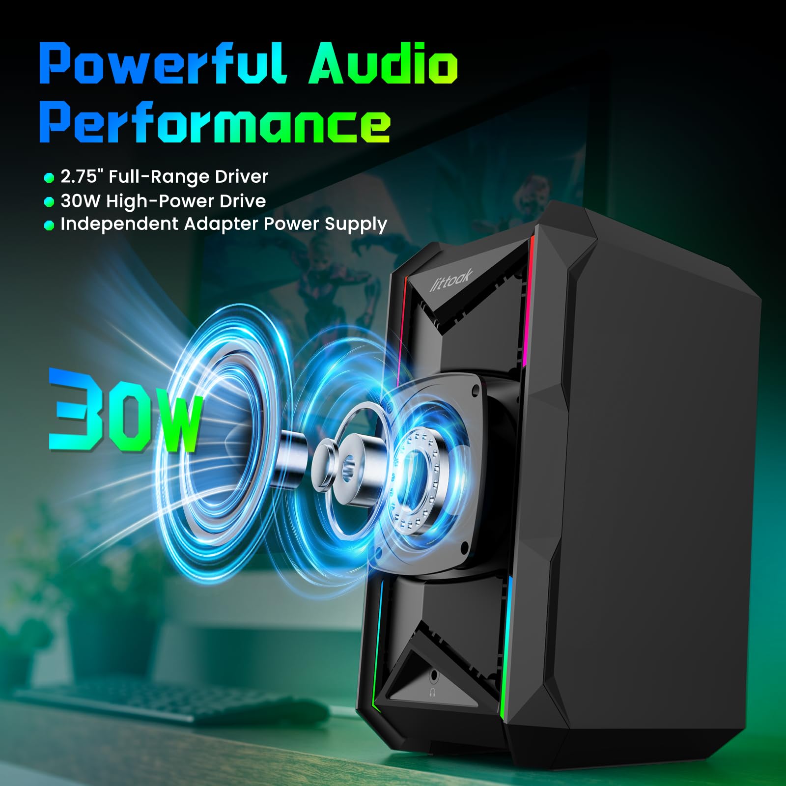 LITTOAK Altoparlanti per computer per musica e giochi, altoparlanti alimentati con adattatore CC per PC desktop o laptop, altoparlante desktop Bluetooth 5.3, 10 modalità RGB, ingresso AUX da 3,5 mm