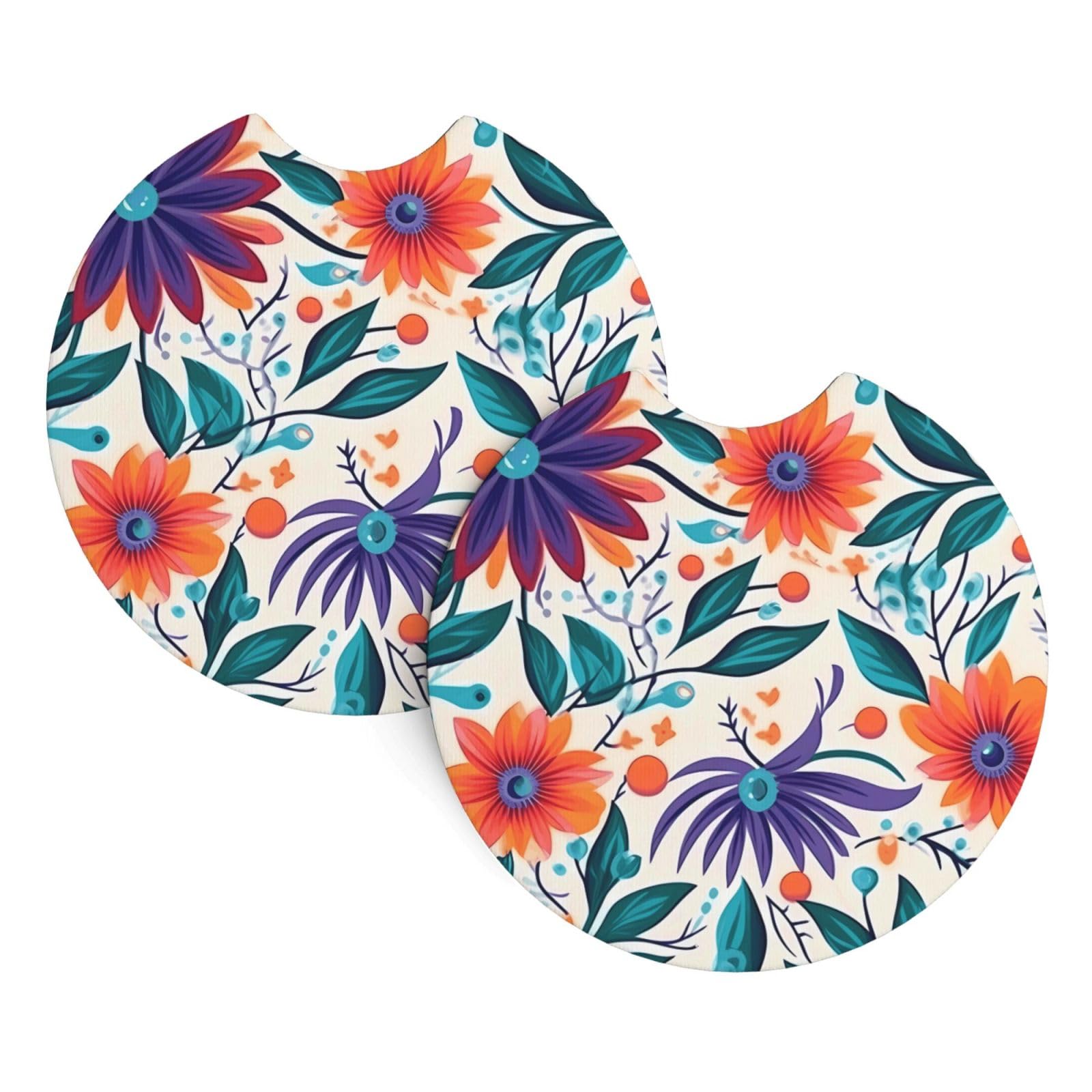 Colored Flower Printed Two Sets of Anti Slip and Waterproof Beverage mats for General Purpose car Coasters