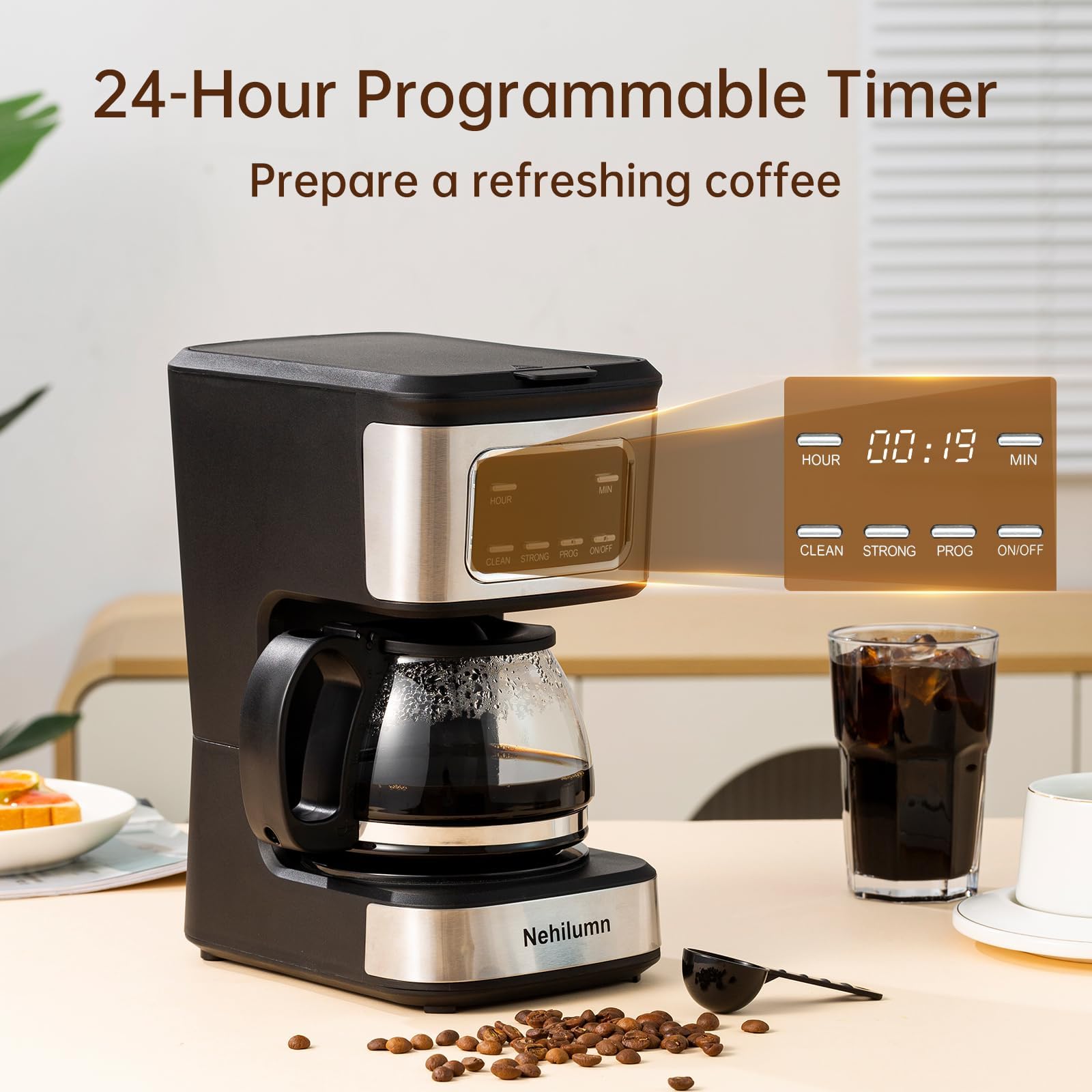 Nehilumn 5-Cup Programmable Coffee Maker - Reusable Filter, Clear Water Level Indicator, Auto Shut- Off, Black &Stainless Steel Coffee Pot — view 3