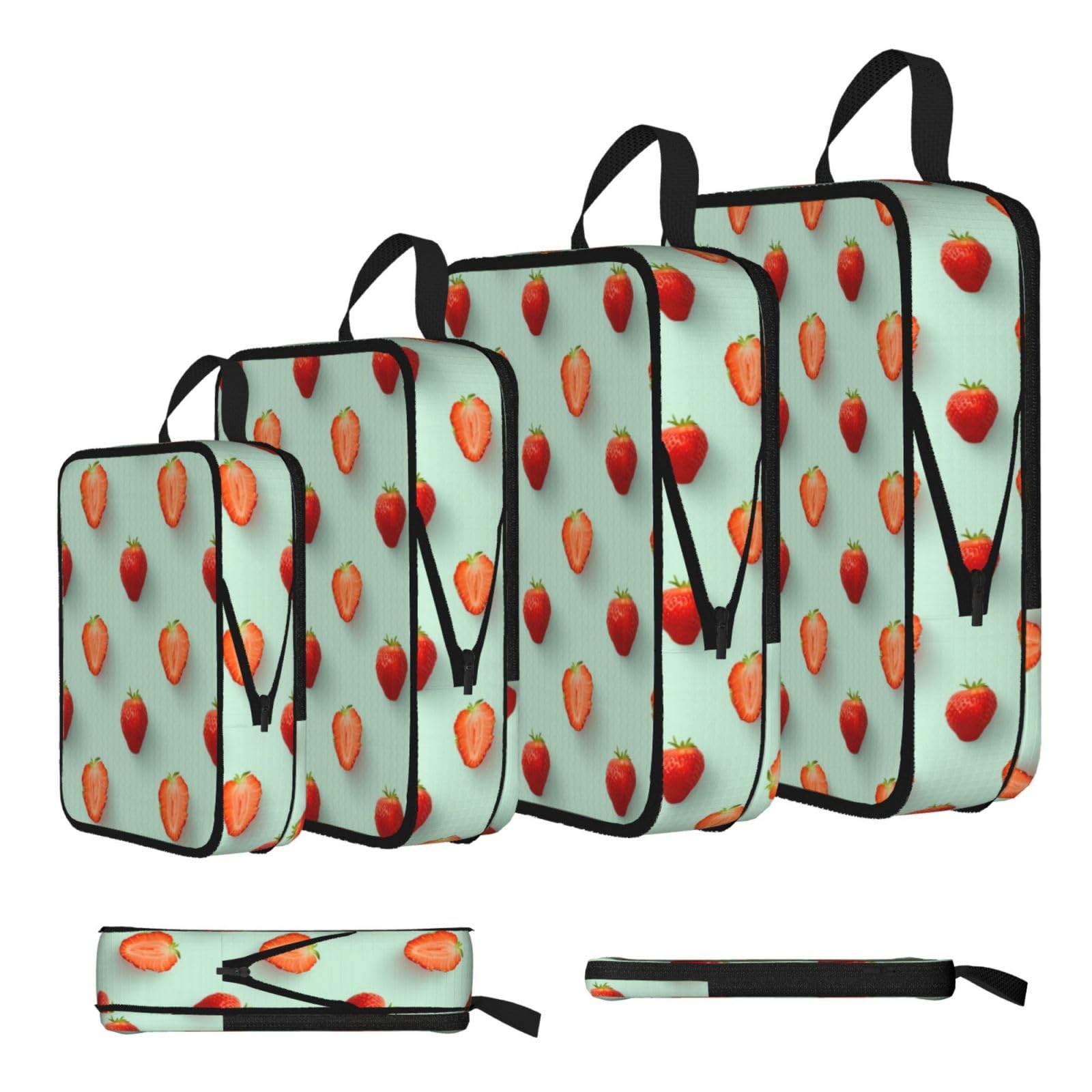 Fresh Strawberry & Leaf Print Packing Cubes for Travel Space Saver Bags, Compression Packing Cubes Set of 4, Expandable Luggage Organisers, Suitcase Organiser Bags
