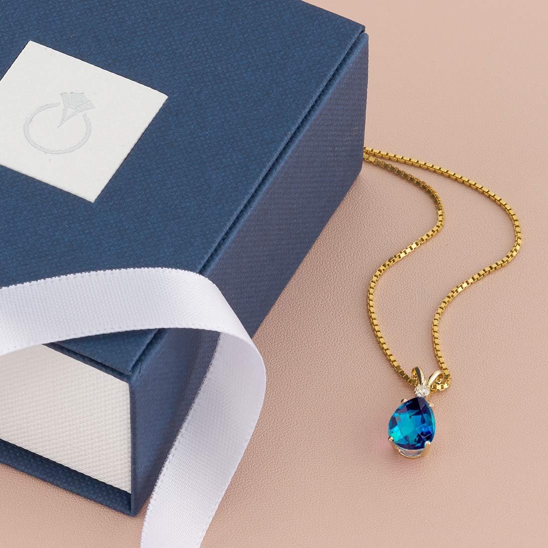 PEORA Created Alexandrite with Genuine Diamond Pendant for Women 14K Yellow Gold, 2.55 Carats total, Color-Changing Pear Shape, Change Jewelry, June Birthstone, w/Box